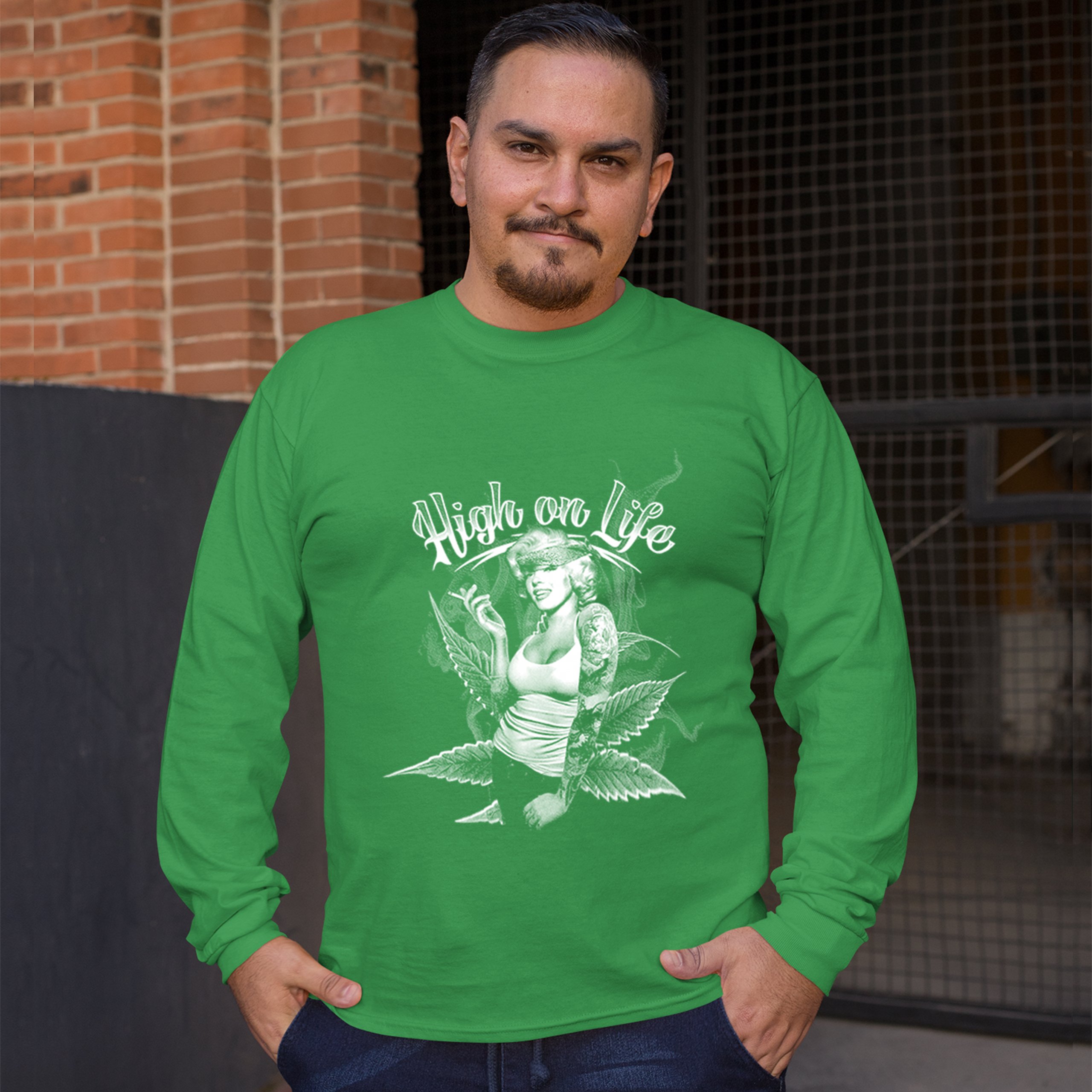 High on Life Long Sleeve T-shirt Marilyn Monroe Holding a Joint 420 Pop Culture - Picture 21 of 29
