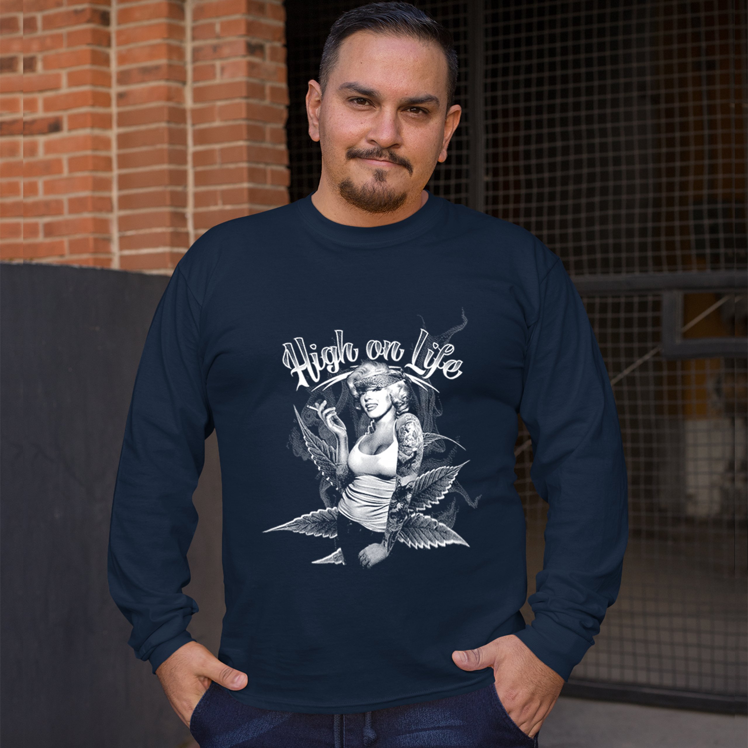 High on Life Long Sleeve T-shirt Marilyn Monroe Holding a Joint 420 Pop Culture - Picture 17 of 29