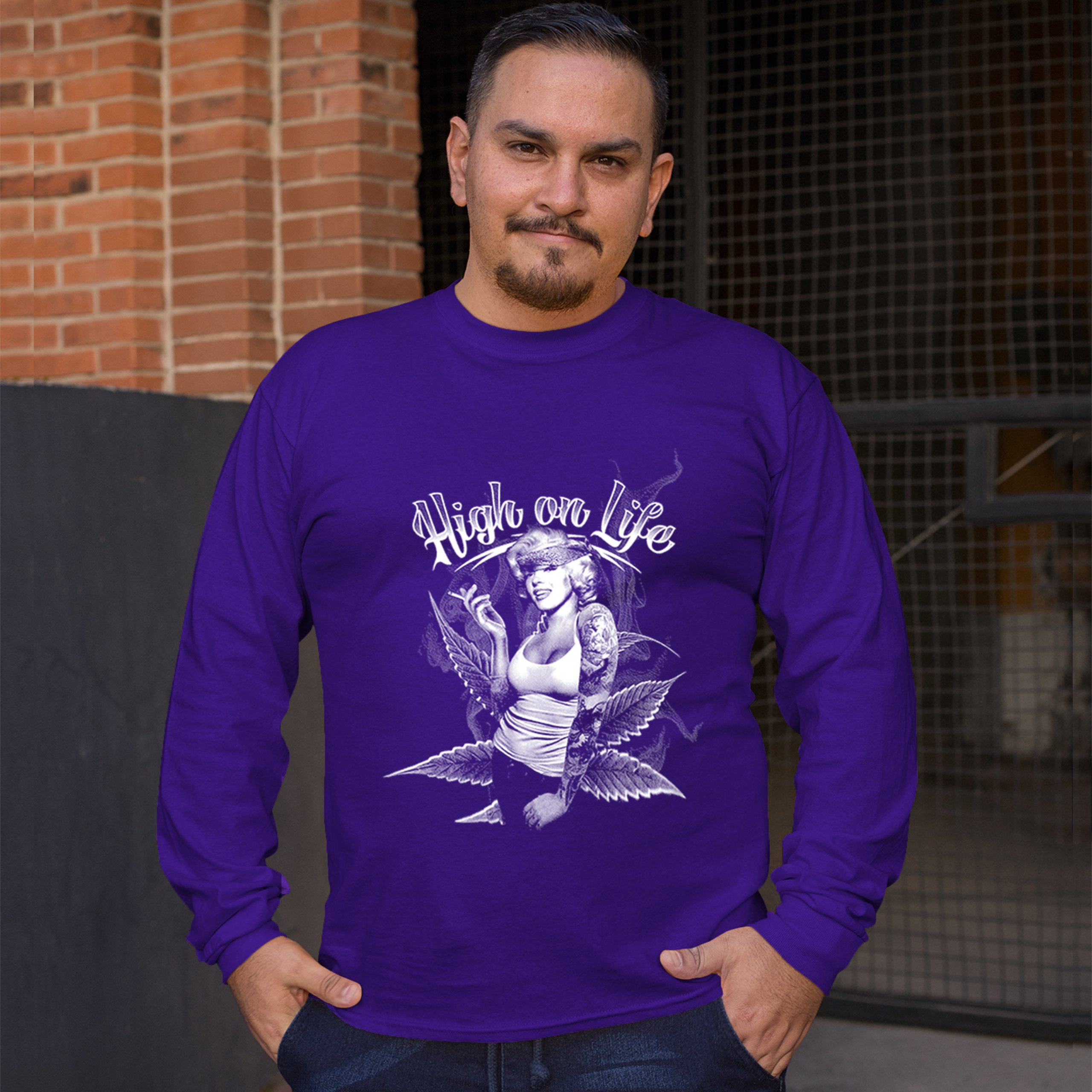 High on Life Long Sleeve T-shirt Marilyn Monroe Holding a Joint 420 Pop Culture - Picture 9 of 29
