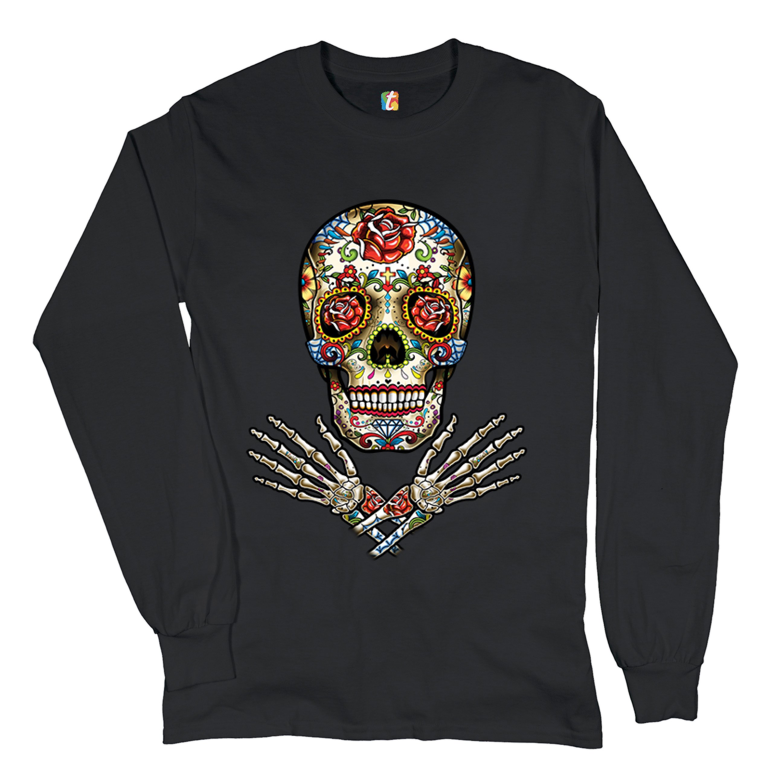 Calavera Arms Crossed Long Sleeve T-shirt Dia de los Muertos Day of the Dead