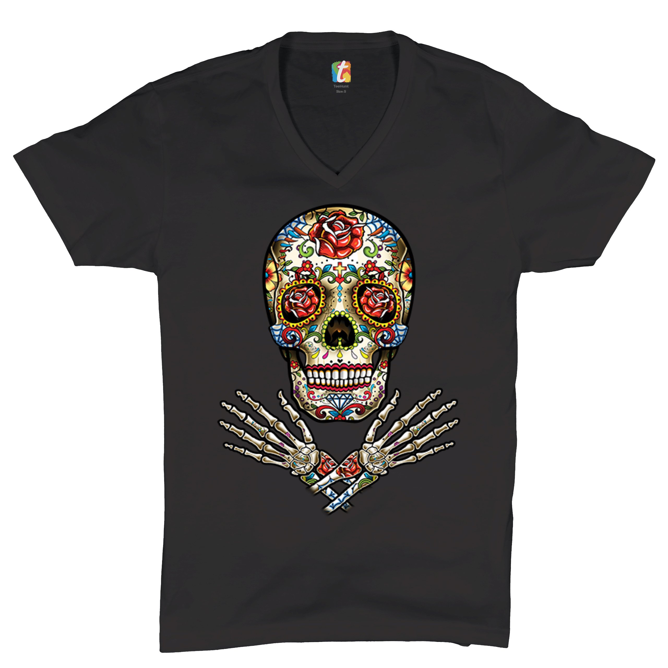 Calavera Arms Crossed V-Neck T-shirt Dia de los Muertos Day