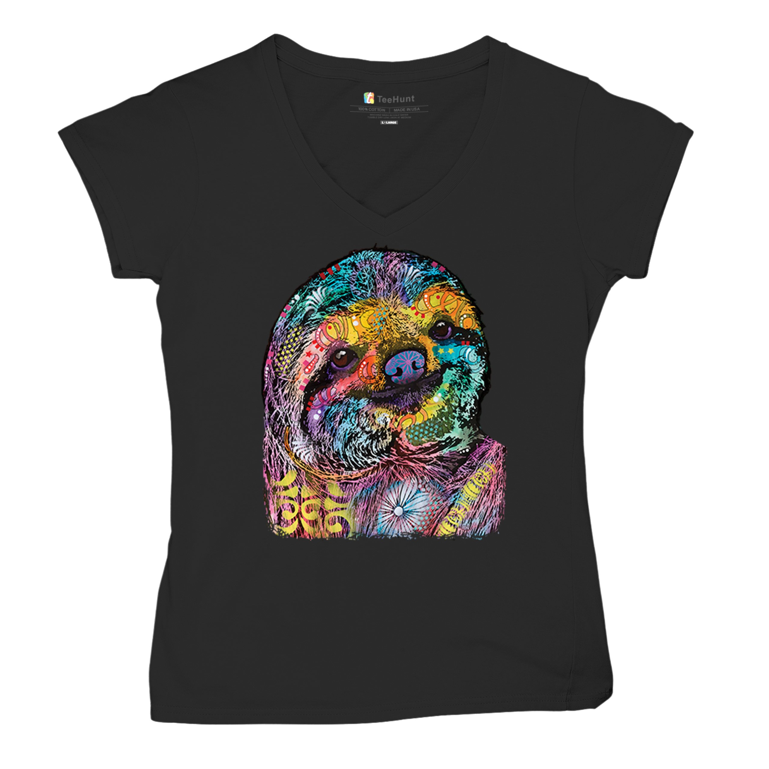 Dean Russo Cute Lazy Sloth Women's V-Neck T-shirt Funny Wild Life Colorful Tee