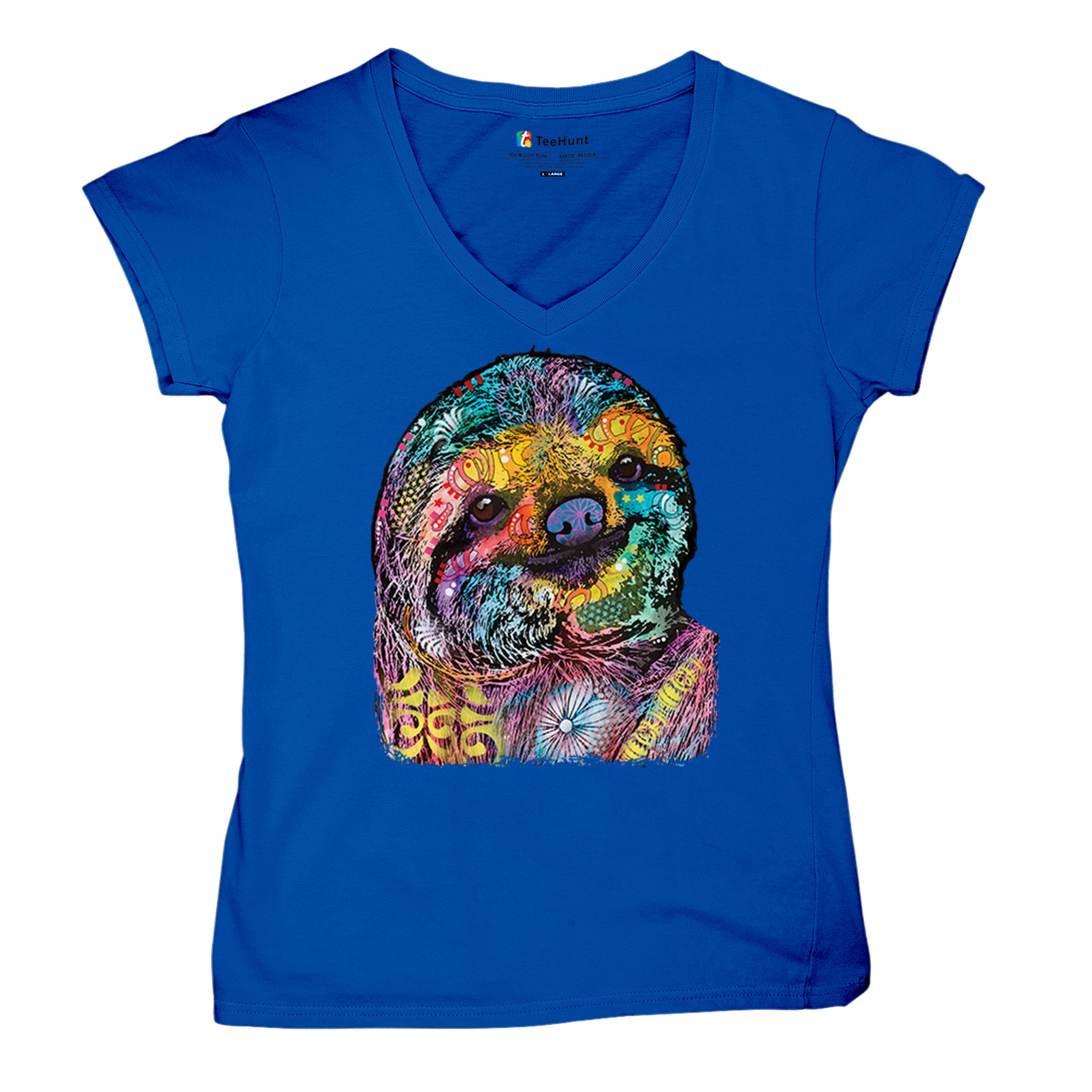 Dean Russo Cute Lazy Sloth Women's V-Neck T-shirt Funny Wild Life Colorful Tee