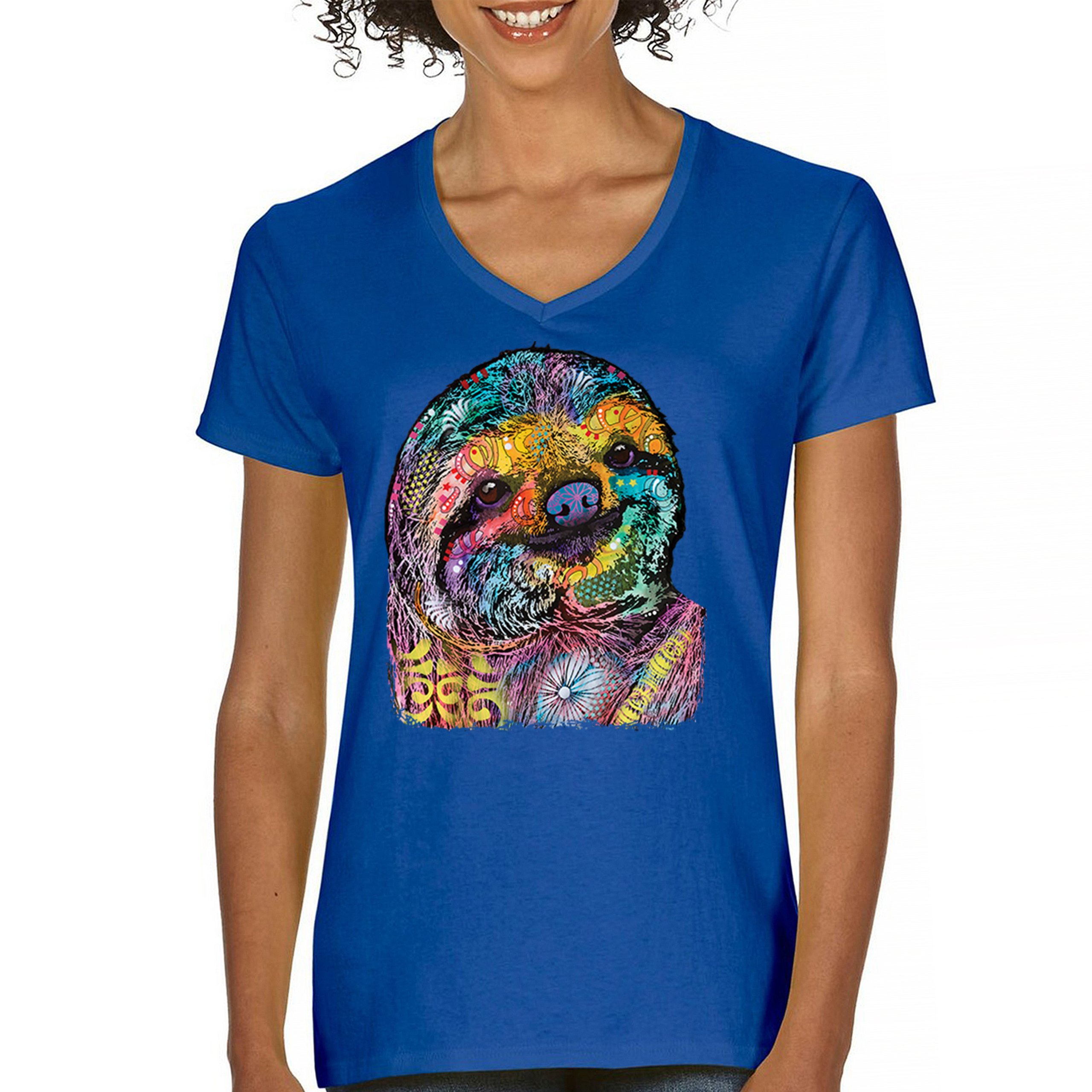 Dean Russo Cute Lazy Sloth Women's V-Neck T-shirt Funny Wild Life Colorful Tee