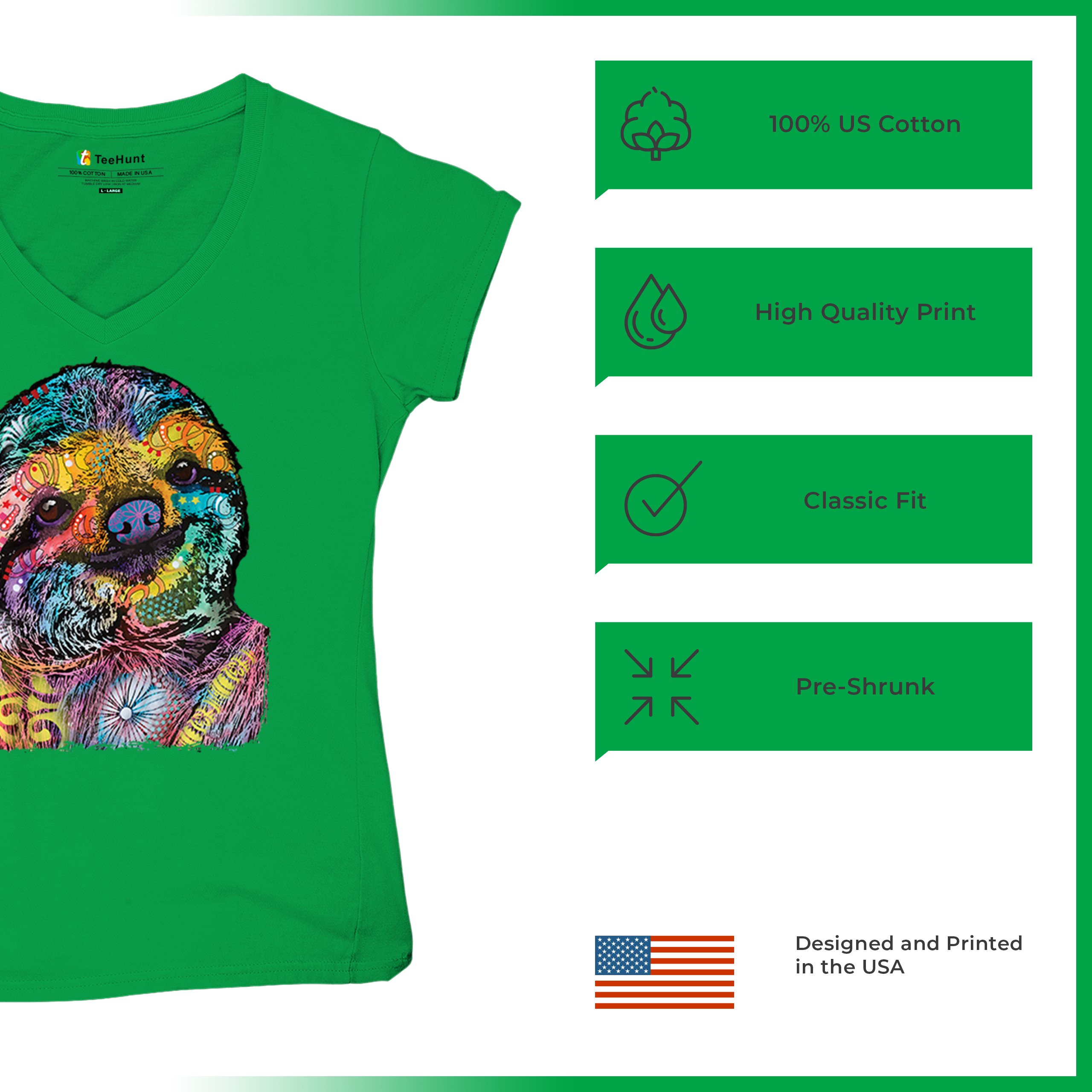 Dean Russo Cute Lazy Sloth Women's V-Neck T-shirt Funny Wild Life Colorful Tee