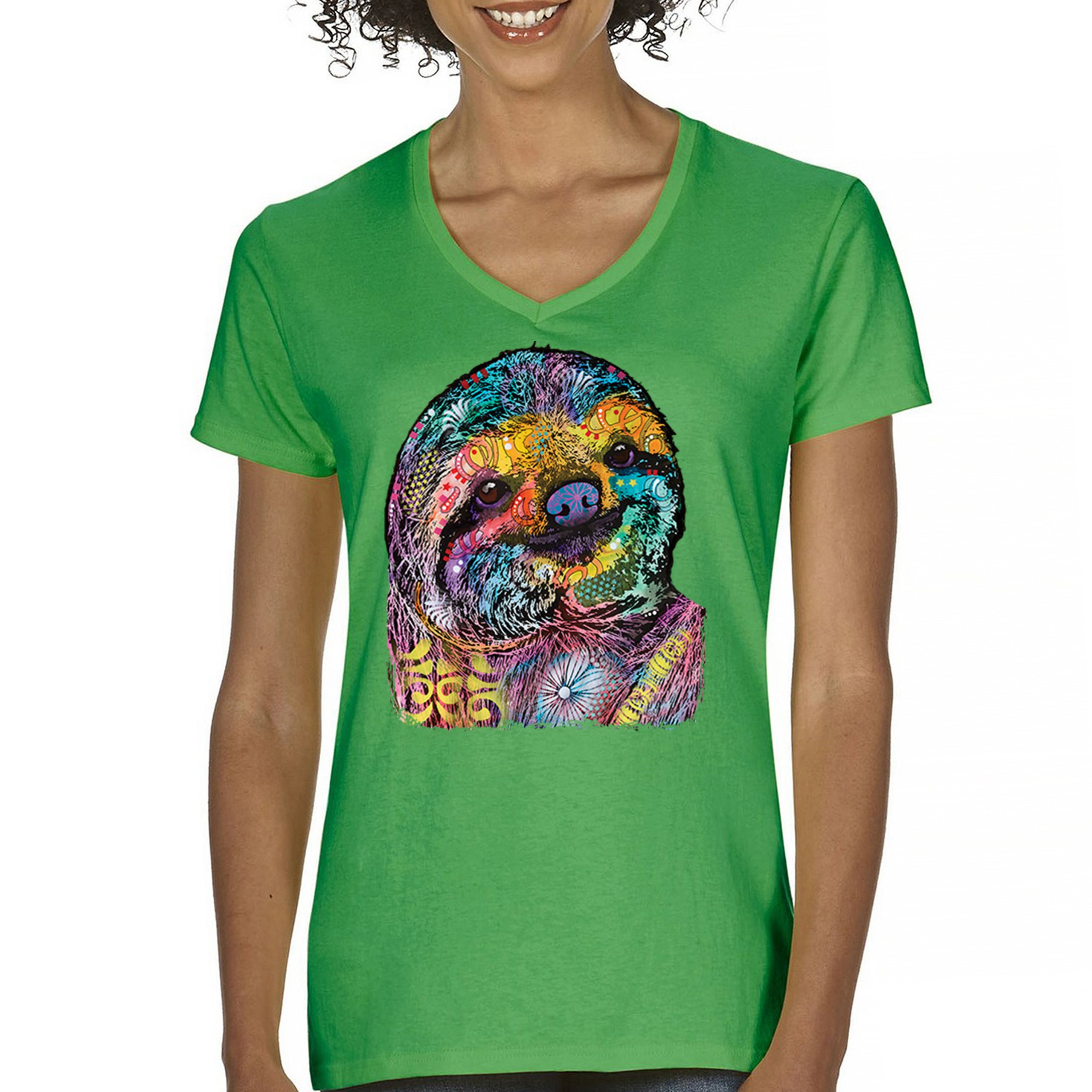 Dean Russo Cute Lazy Sloth Women's V-Neck T-shirt Funny Wild Life Colorful Tee