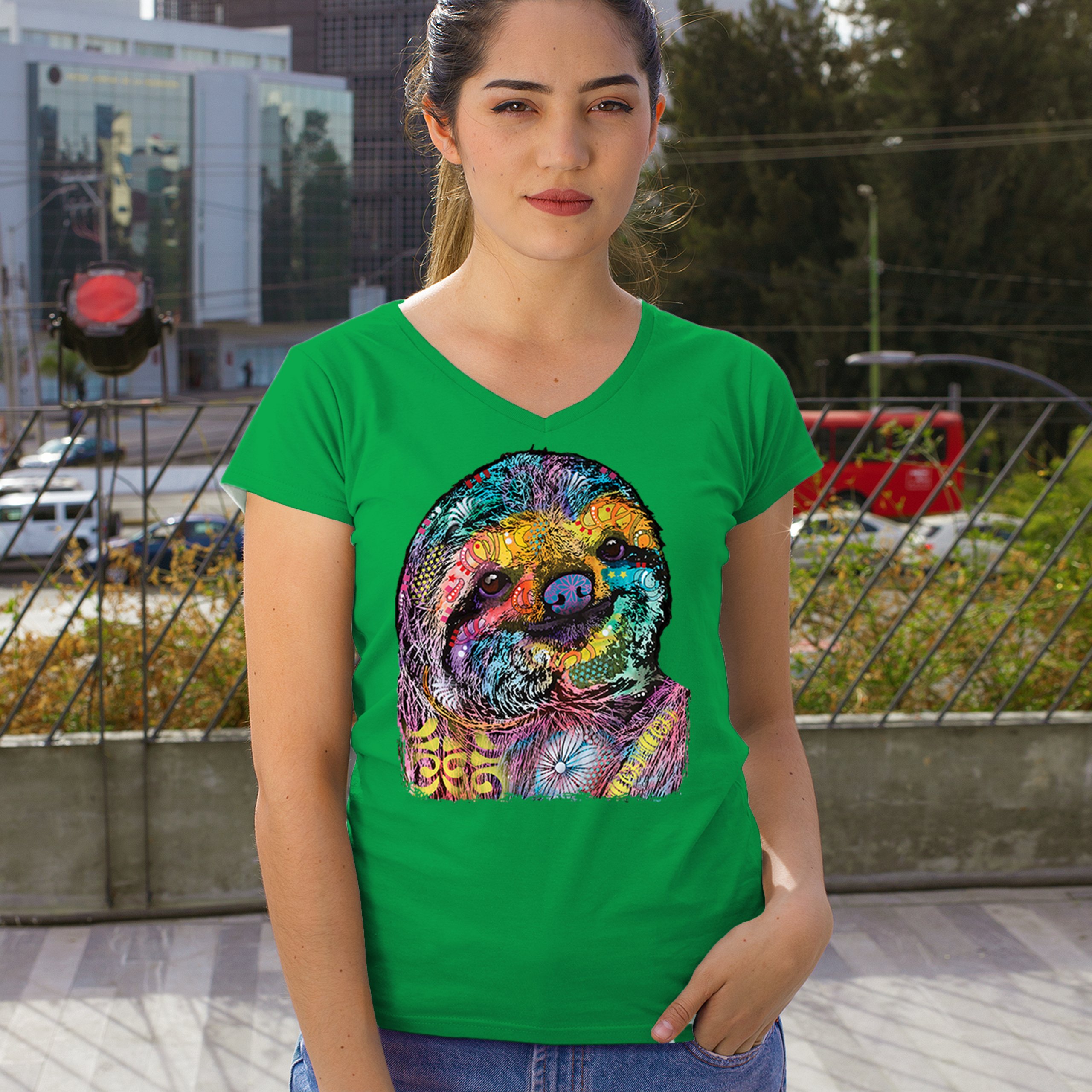 Dean Russo Cute Lazy Sloth Women's V-Neck T-shirt Funny Wild Life Colorful Tee