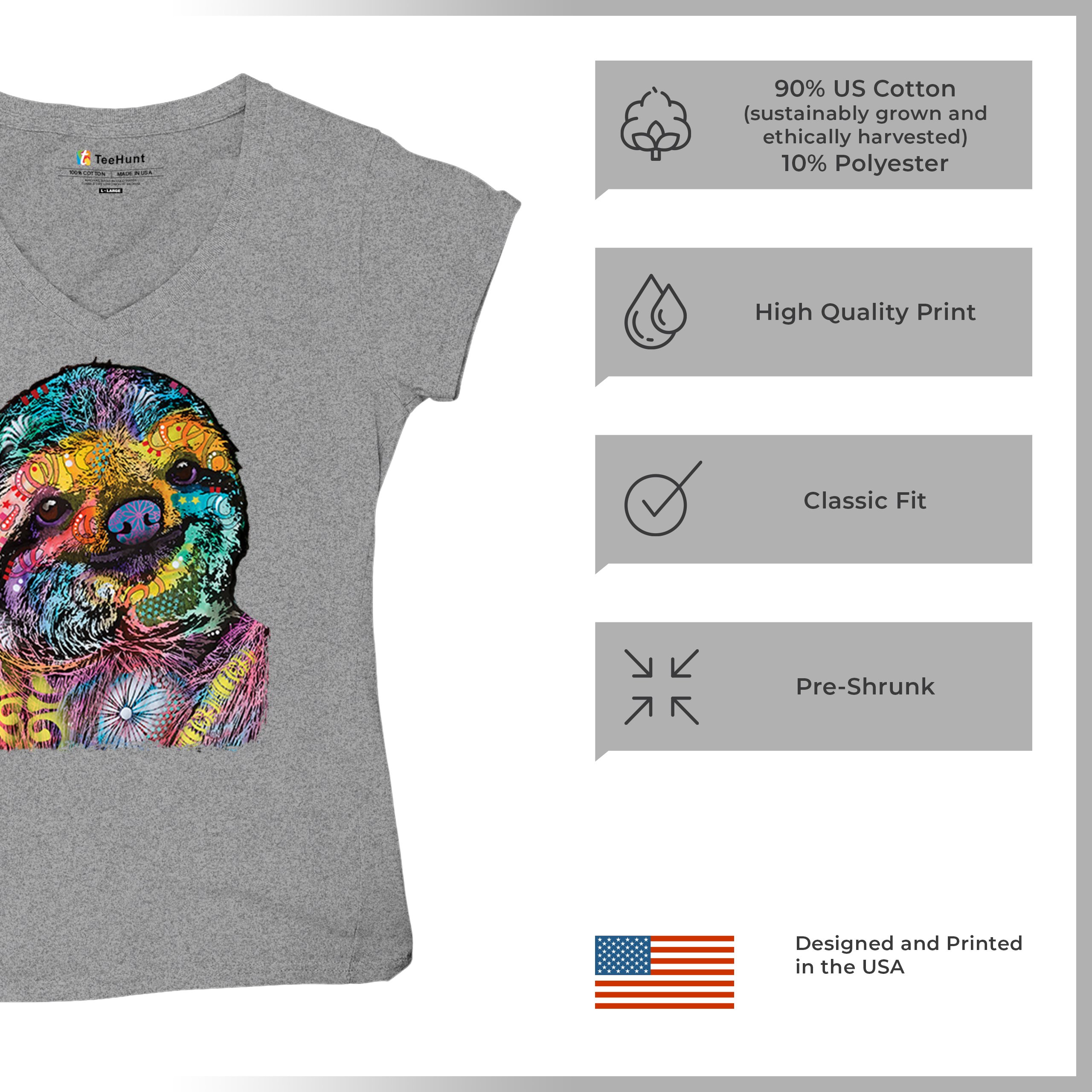 Dean Russo Cute Lazy Sloth Women's V-Neck T-shirt Funny Wild Life Colorful Tee