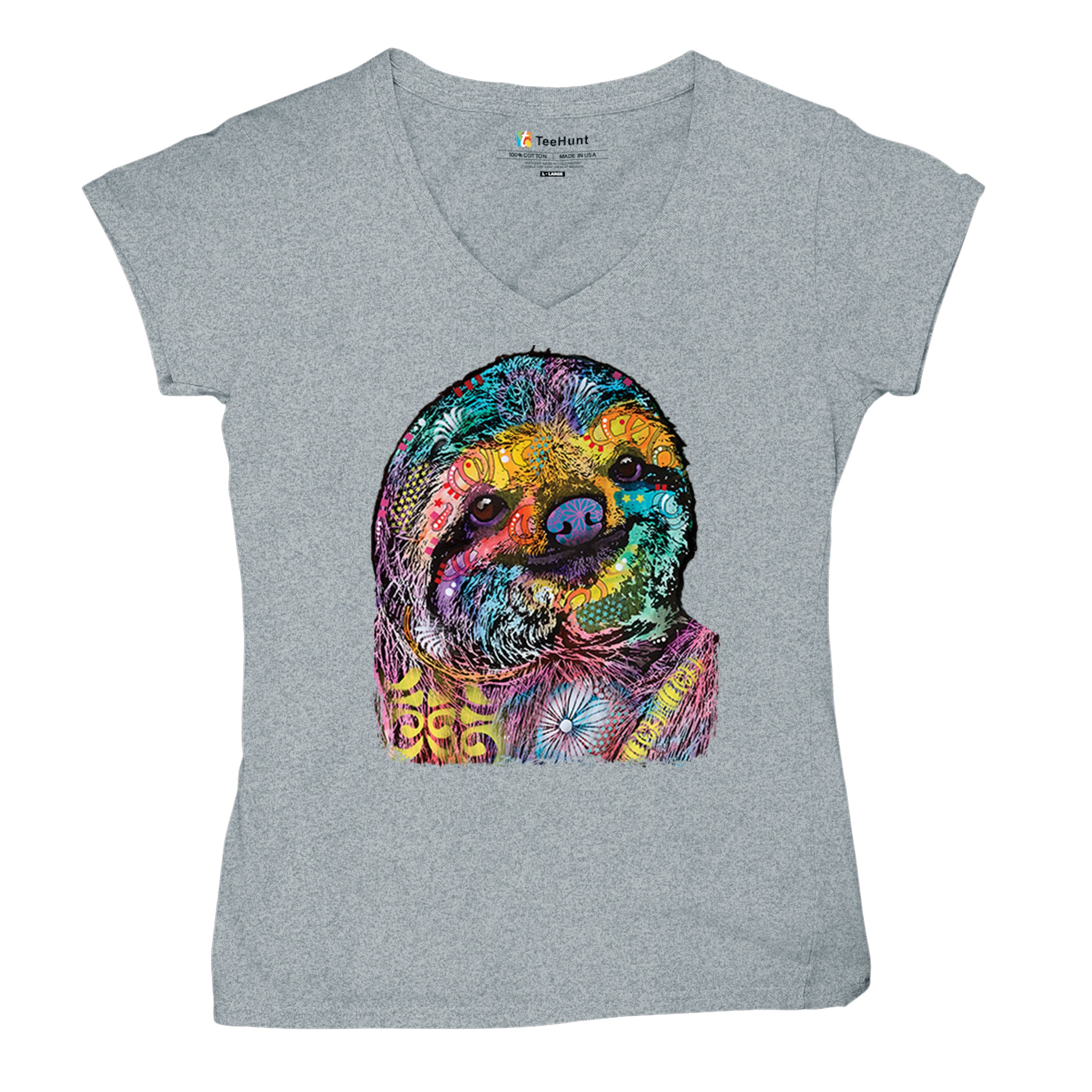 Dean Russo Cute Lazy Sloth Women's V-Neck T-shirt Funny Wild Life Colorful Tee