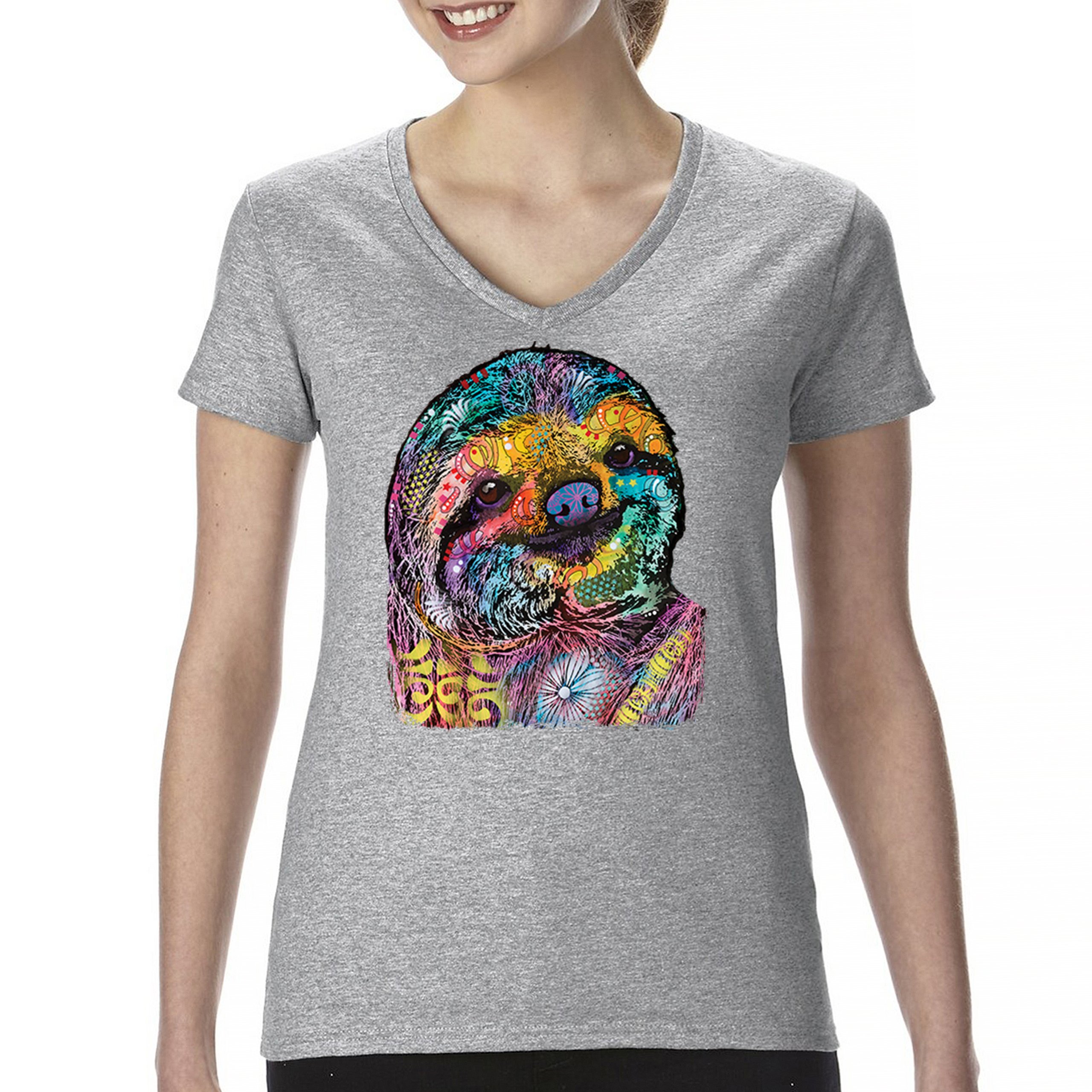 Dean Russo Cute Lazy Sloth Women's V-Neck T-shirt Funny Wild Life Colorful Tee