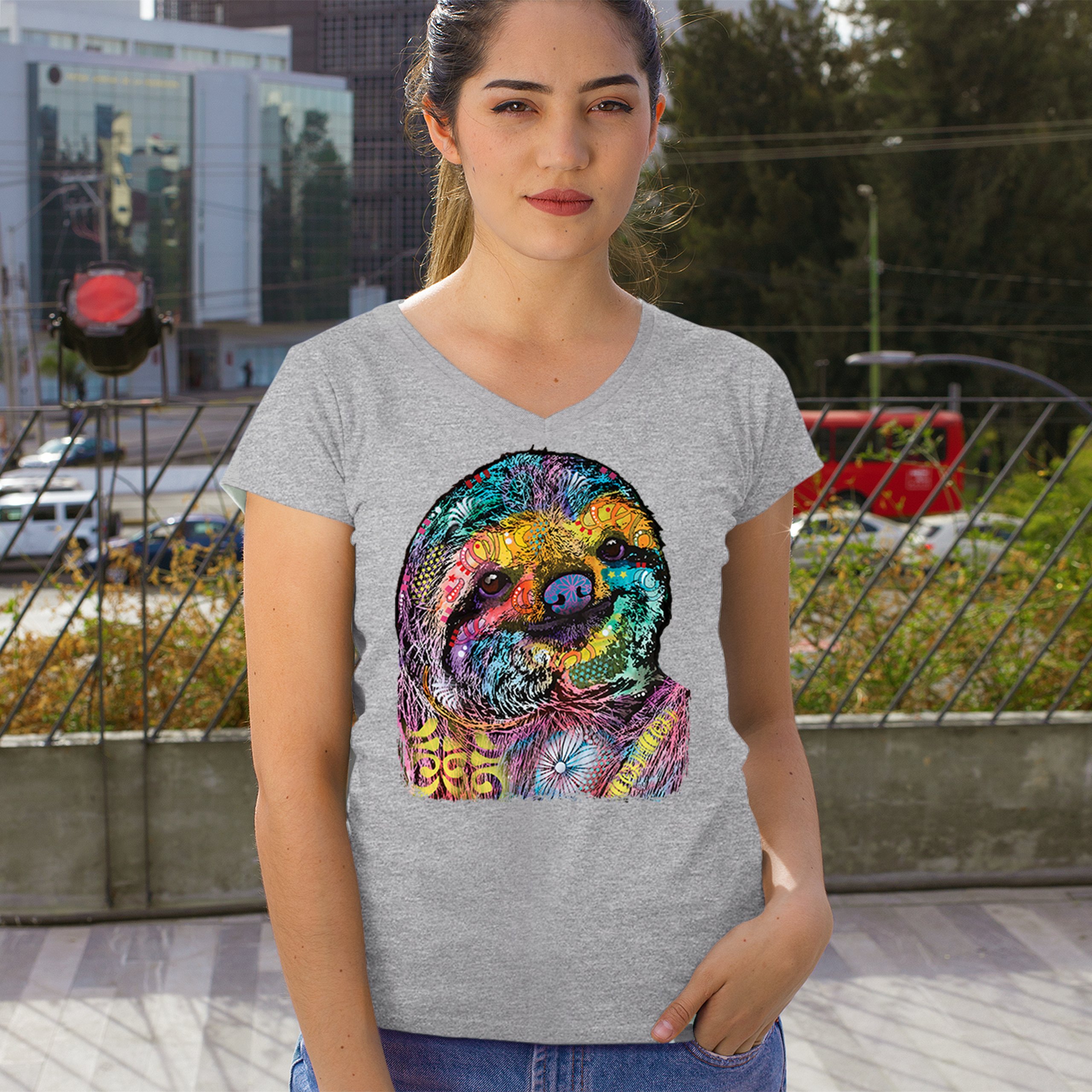 Dean Russo Cute Lazy Sloth Women's V-Neck T-shirt Funny Wild Life Colorful Tee