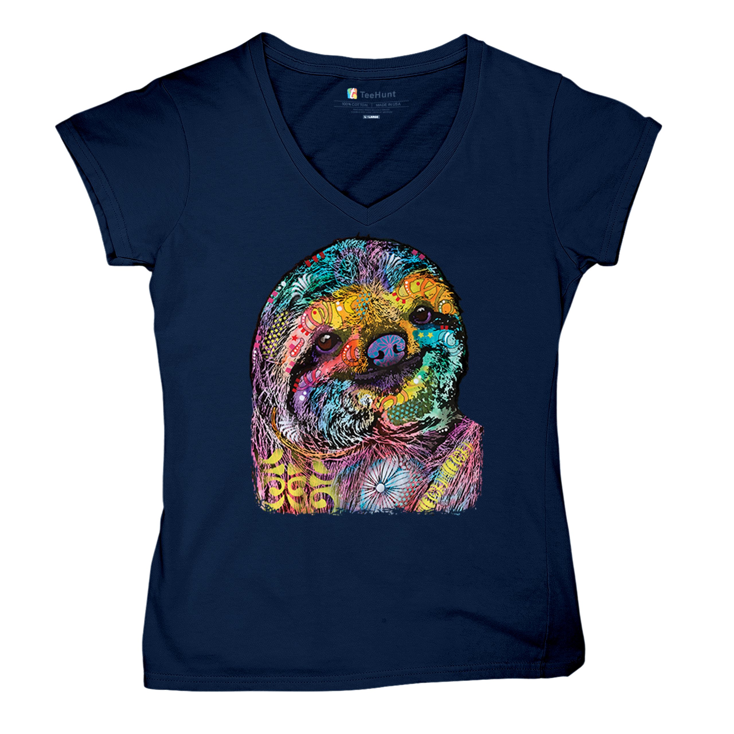 Dean Russo Cute Lazy Sloth Women's V-Neck T-shirt Funny Wild Life Colorful Tee