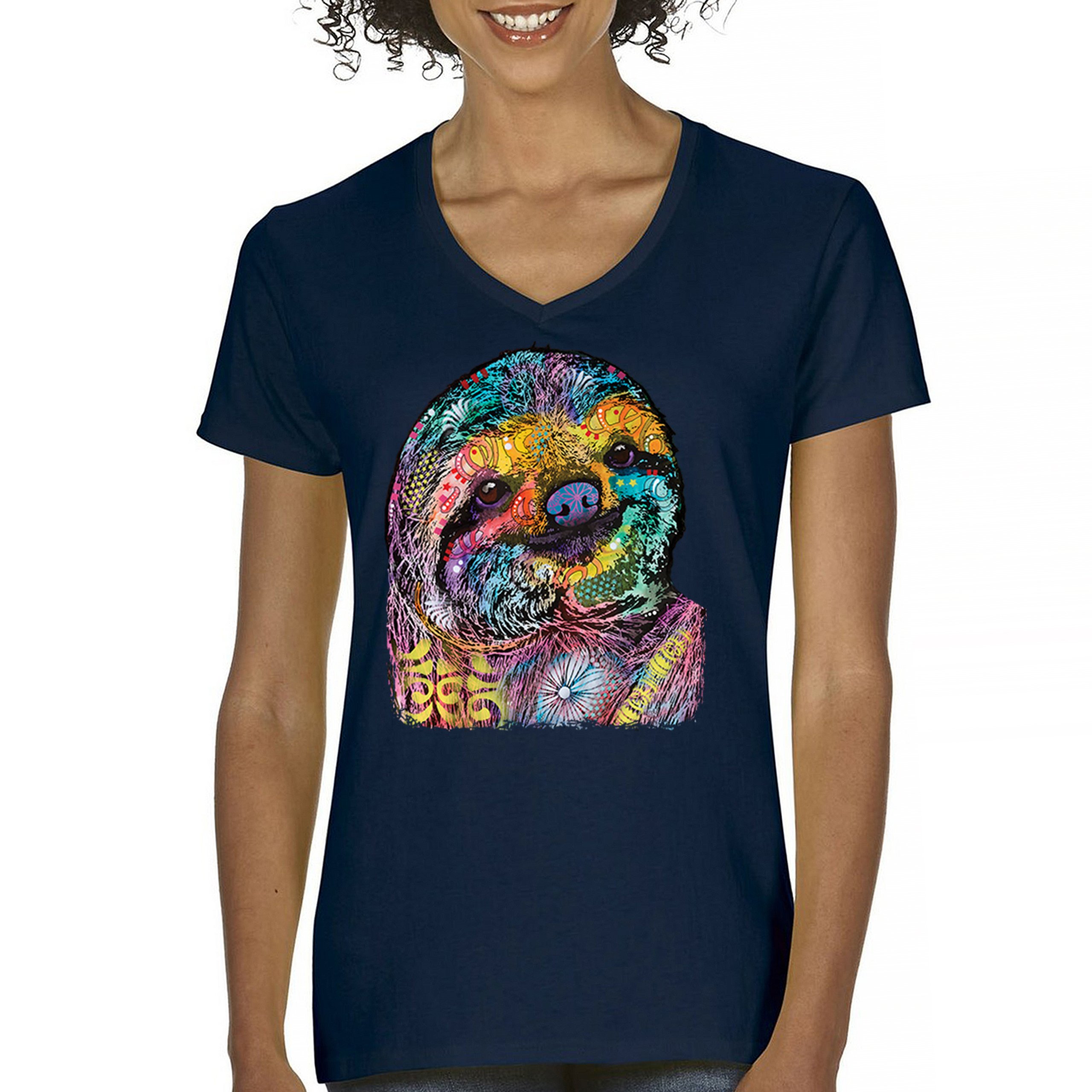 Dean Russo Cute Lazy Sloth Women's V-Neck T-shirt Funny Wild Life Colorful Tee