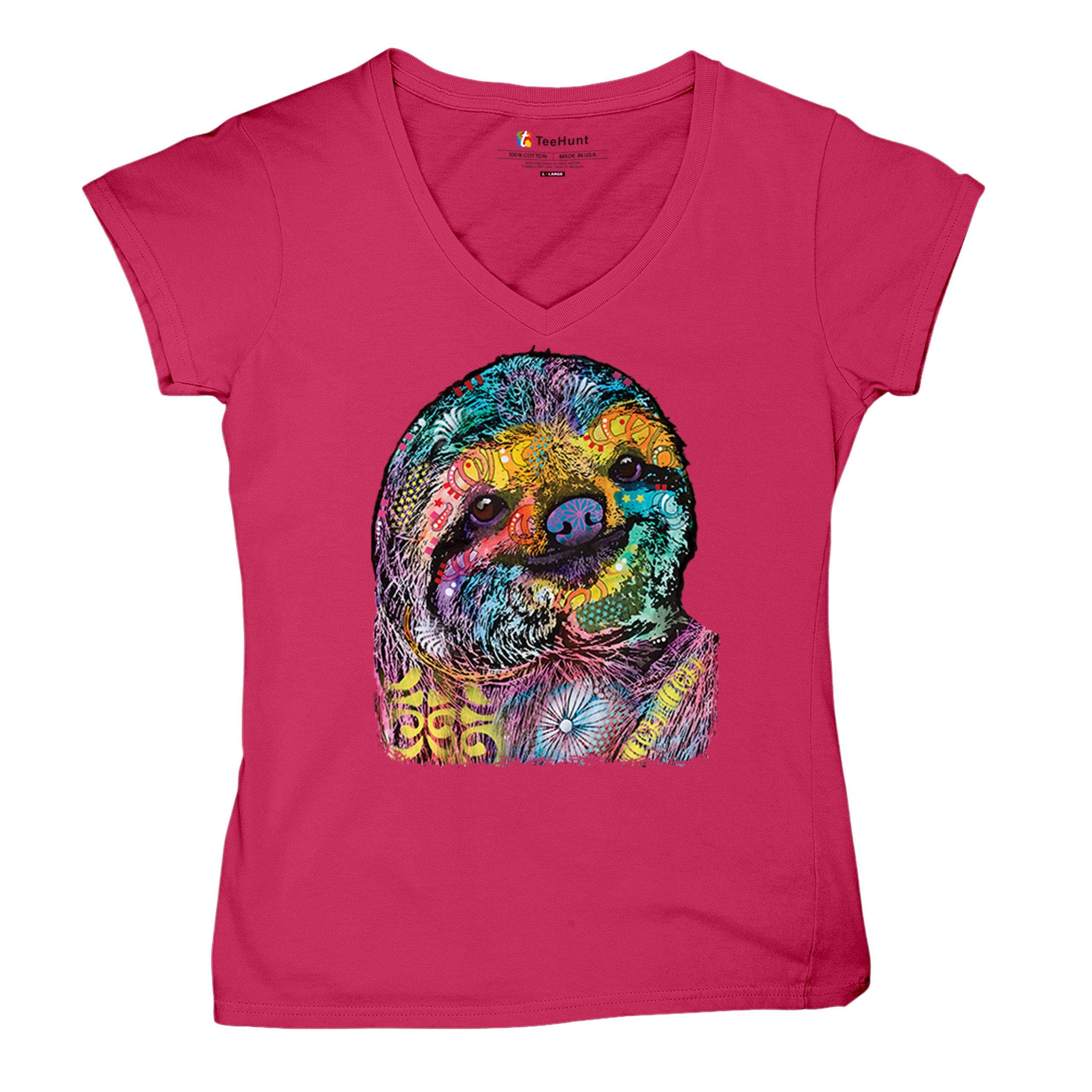 Dean Russo Cute Lazy Sloth Women's V-Neck T-shirt Funny Wild Life Colorful Tee