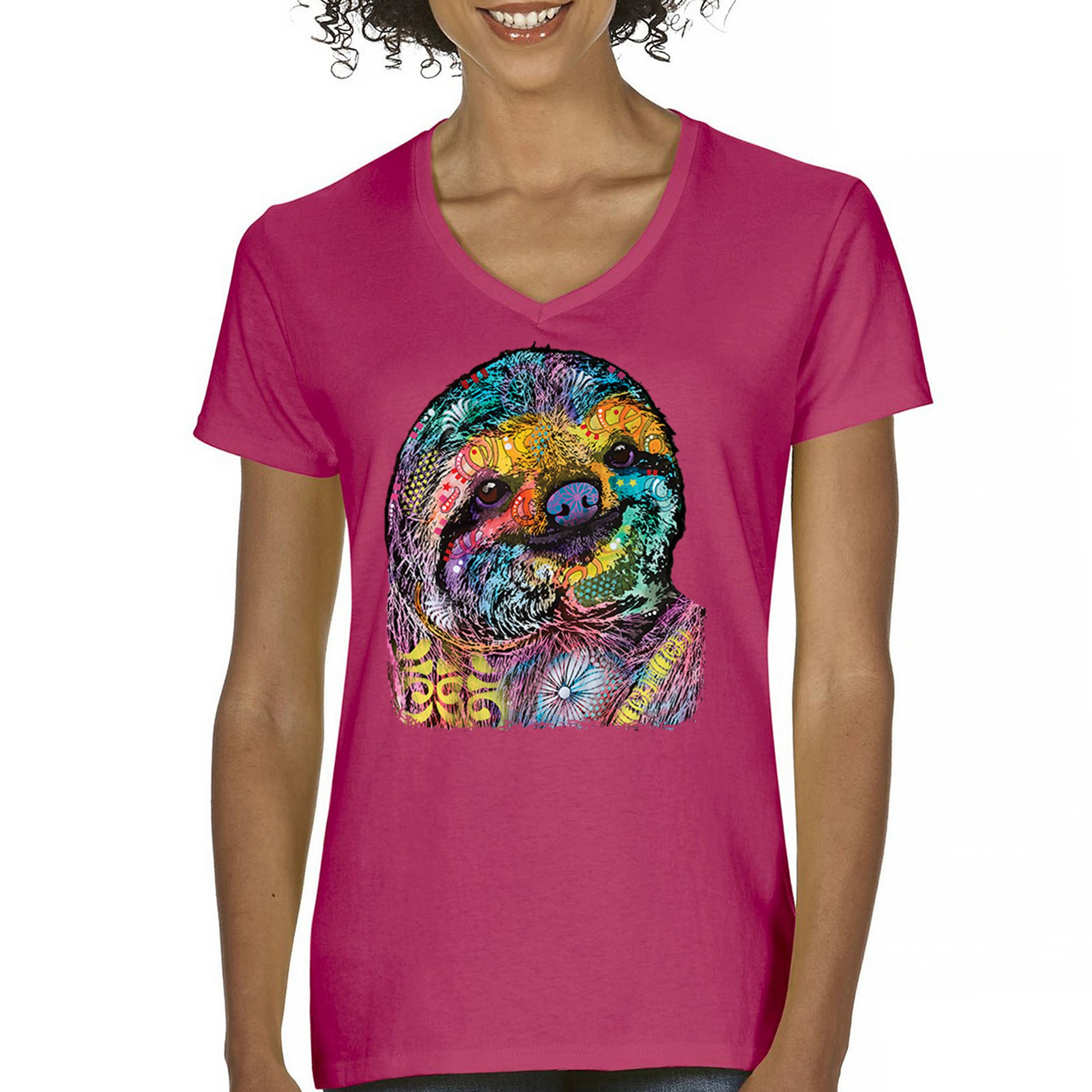 Dean Russo Cute Lazy Sloth Women's V-Neck T-shirt Funny Wild Life Colorful Tee