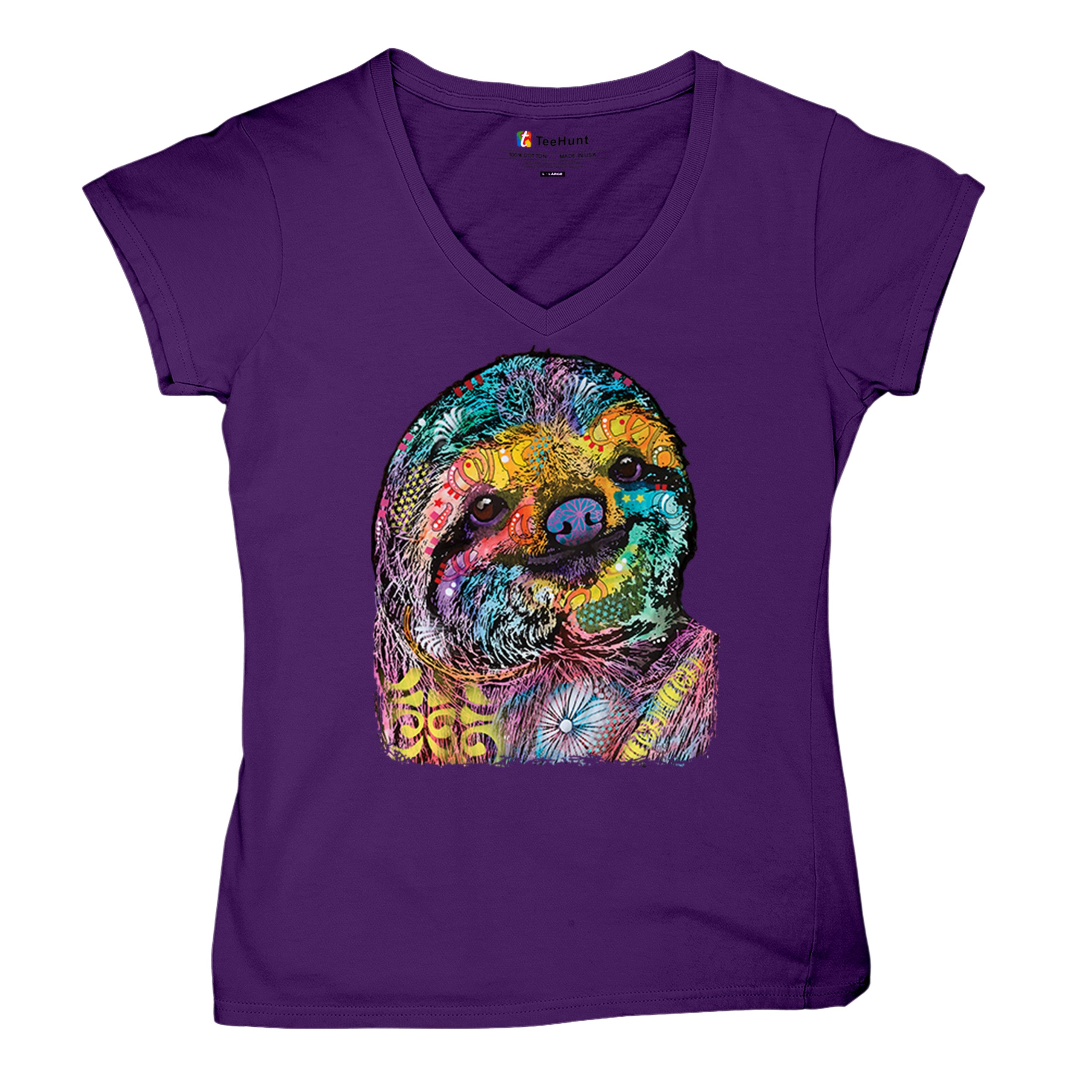 Dean Russo Cute Lazy Sloth Women's V-Neck T-shirt Funny Wild Life Colorful Tee