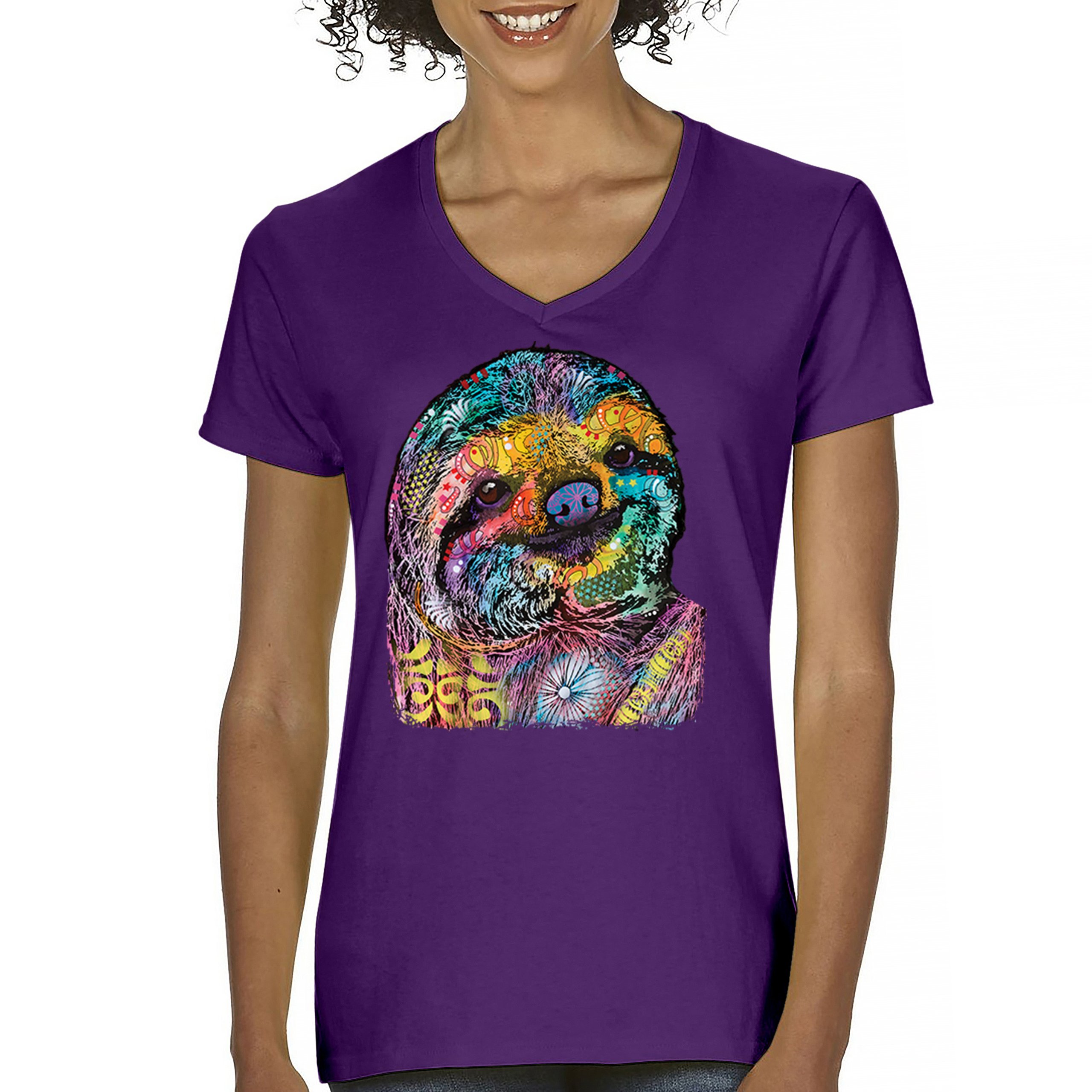 Dean Russo Cute Lazy Sloth Women's V-Neck T-shirt Funny Wild Life Colorful Tee