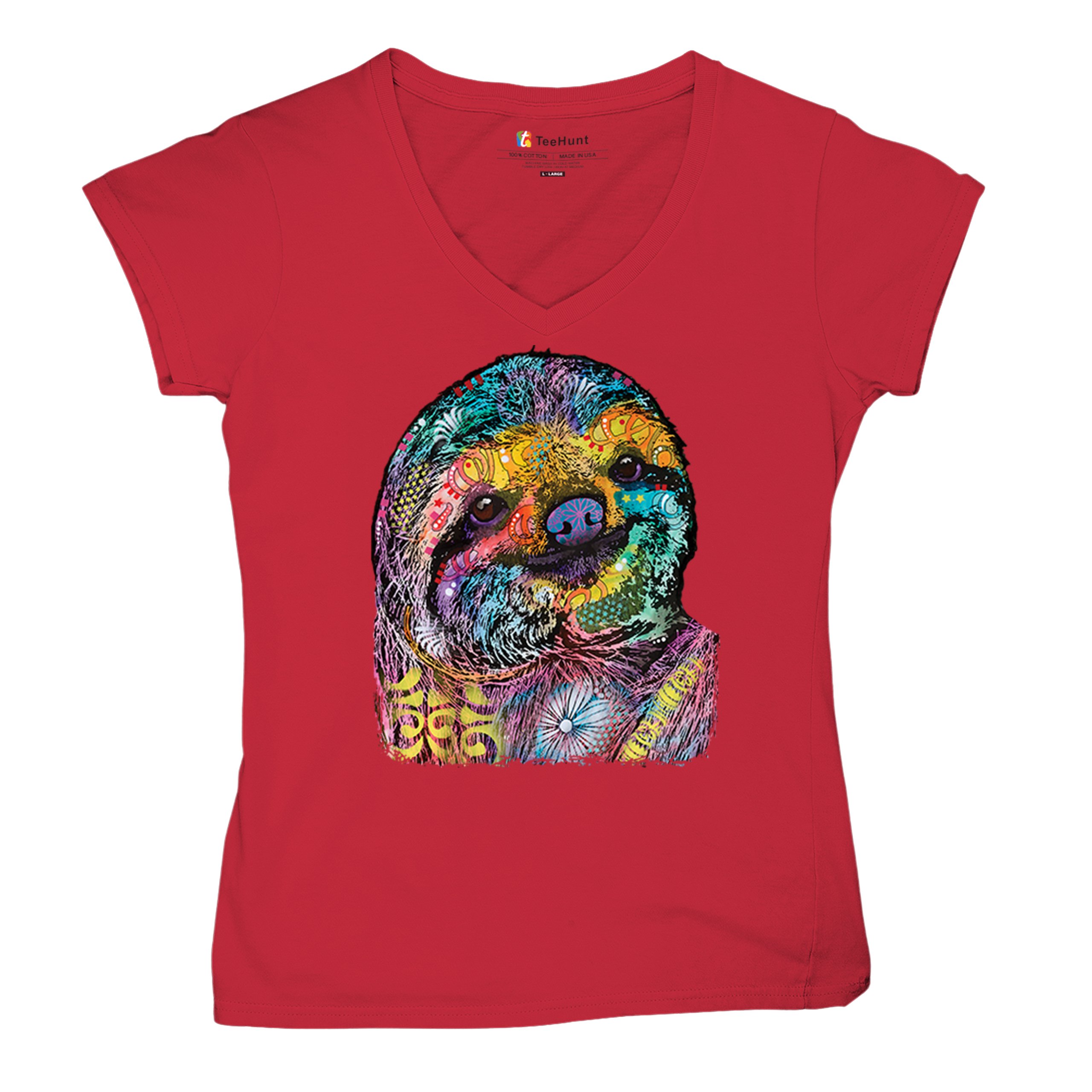 Dean Russo Cute Lazy Sloth Women's V-Neck T-shirt Funny Wild Life Colorful Tee