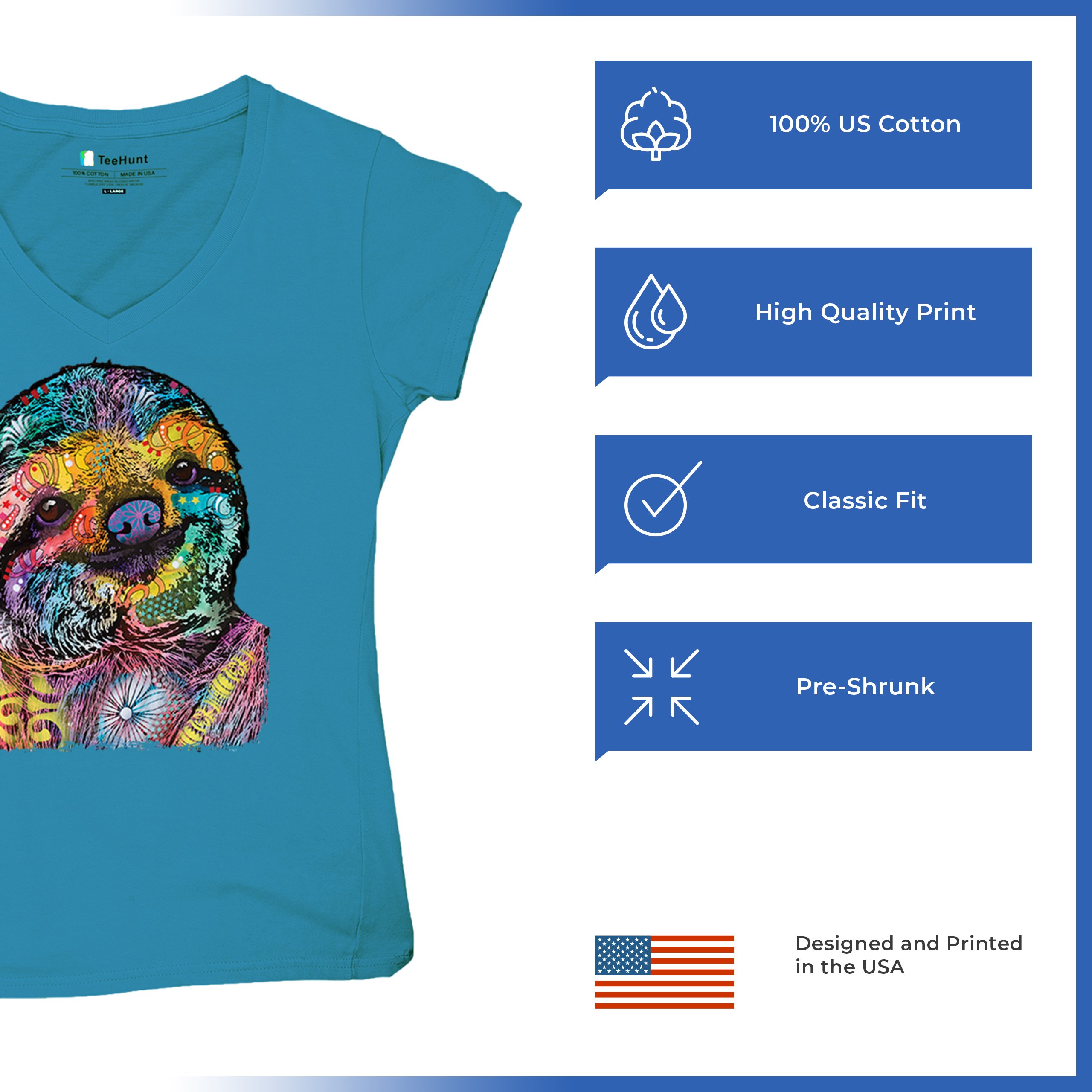 Dean Russo Cute Lazy Sloth Women's V-Neck T-shirt Funny Wild Life Colorful Tee