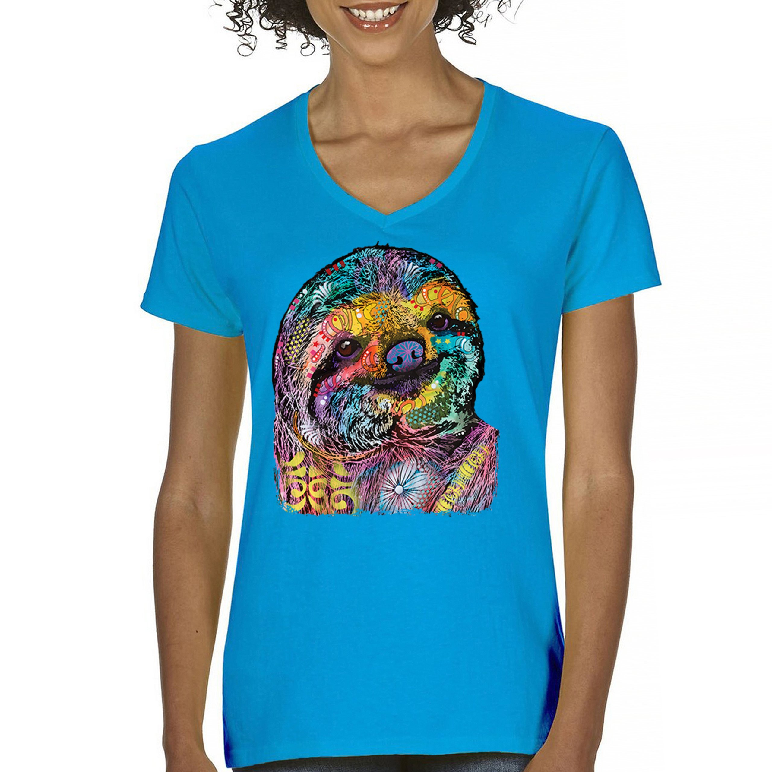 Dean Russo Cute Lazy Sloth Women's V-Neck T-shirt Funny Wild Life Colorful Tee