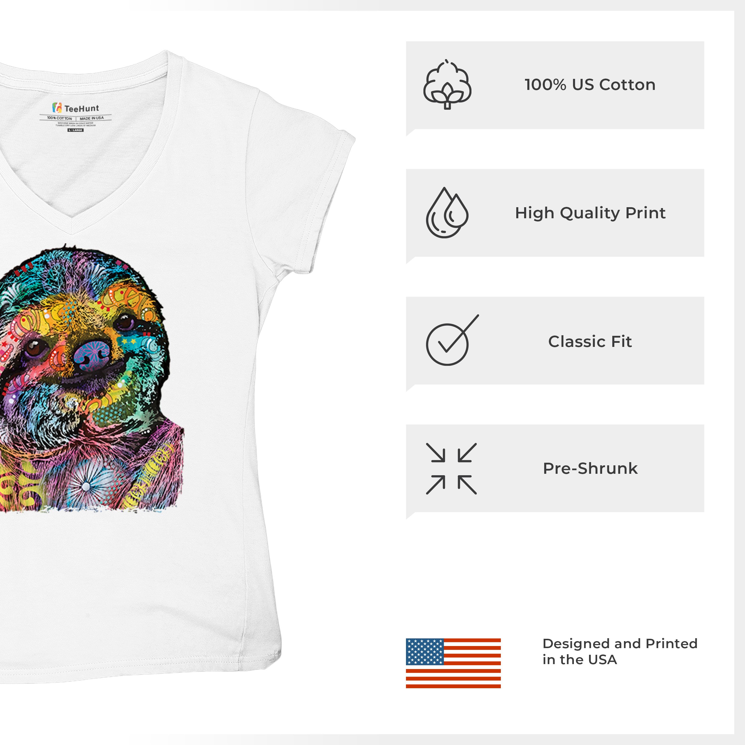 Dean Russo Cute Lazy Sloth Women's V-Neck T-shirt Funny Wild Life Colorful Tee