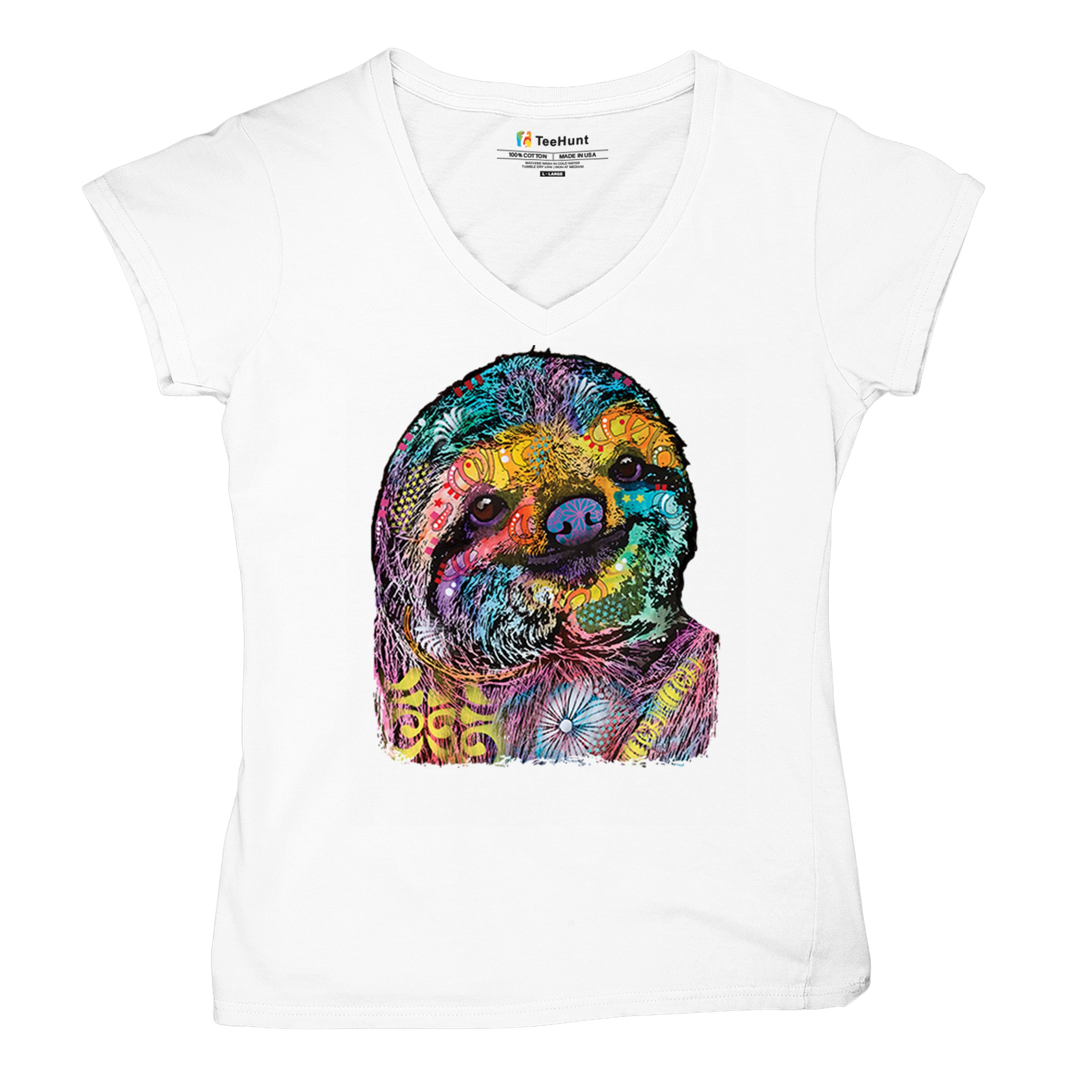 Dean Russo Cute Lazy Sloth Women's V-Neck T-shirt Funny Wild Life Colorful Tee