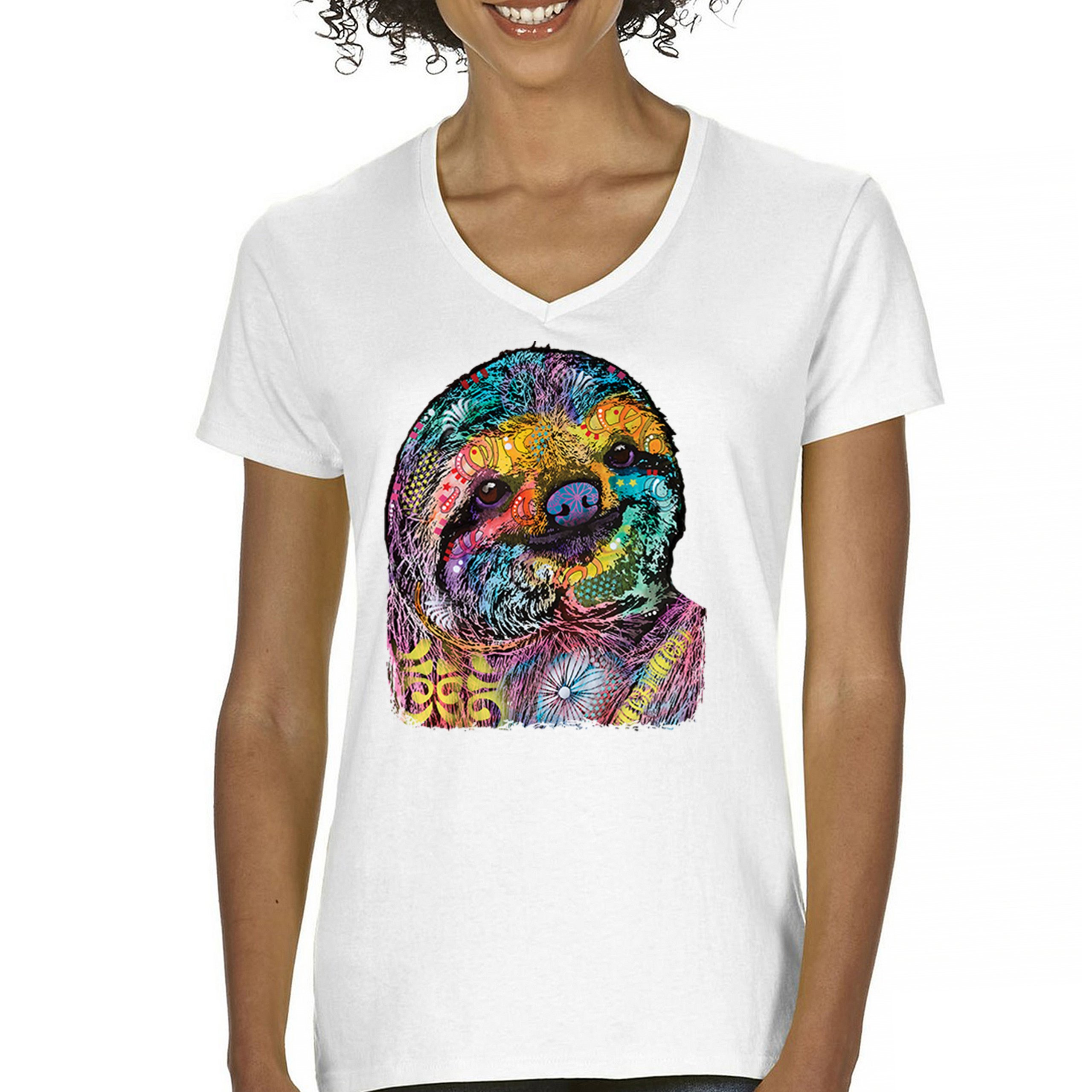 Dean Russo Cute Lazy Sloth Women's V-Neck T-shirt Funny Wild Life Colorful Tee