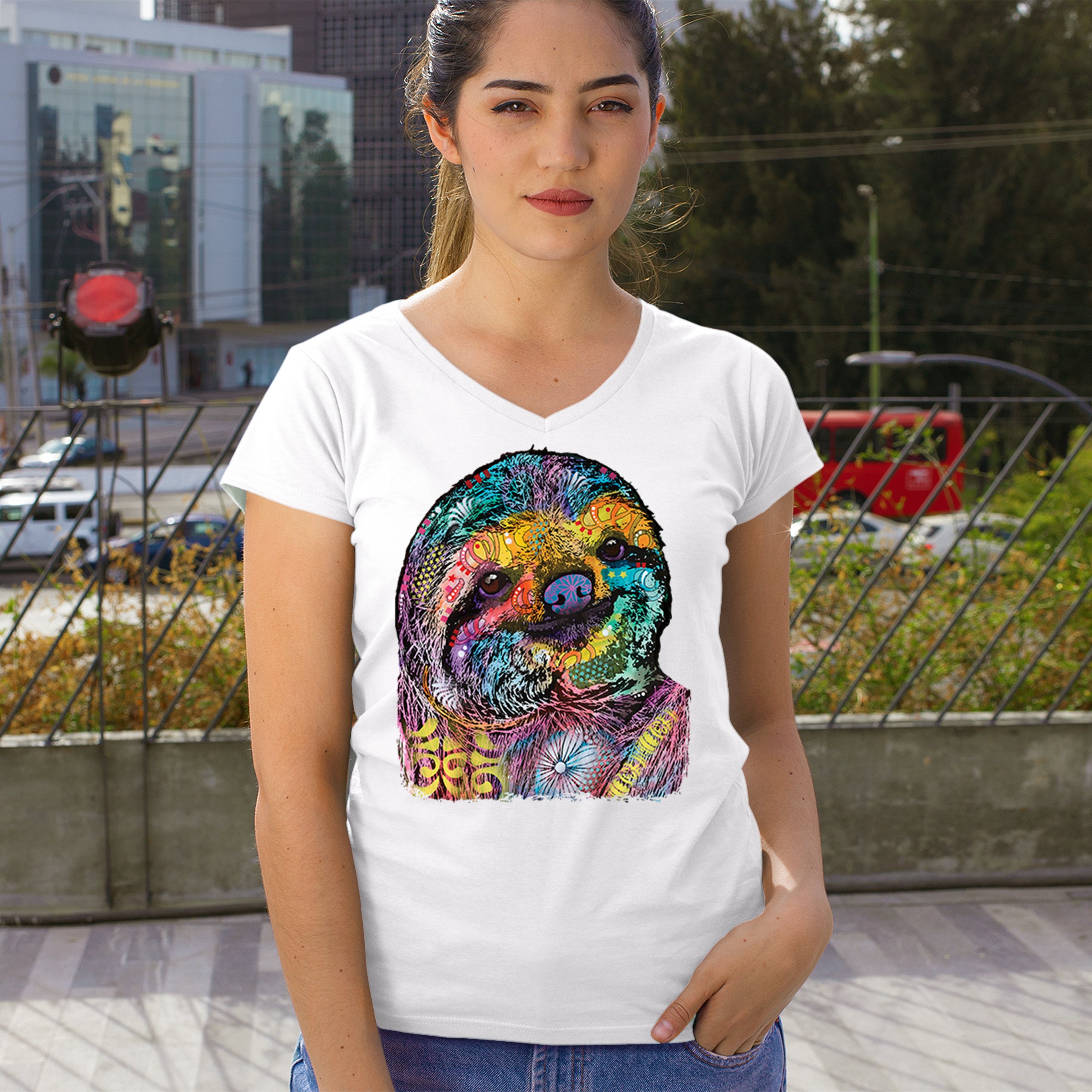 Dean Russo Cute Lazy Sloth Women's V-Neck T-shirt Funny Wild Life Colorful Tee