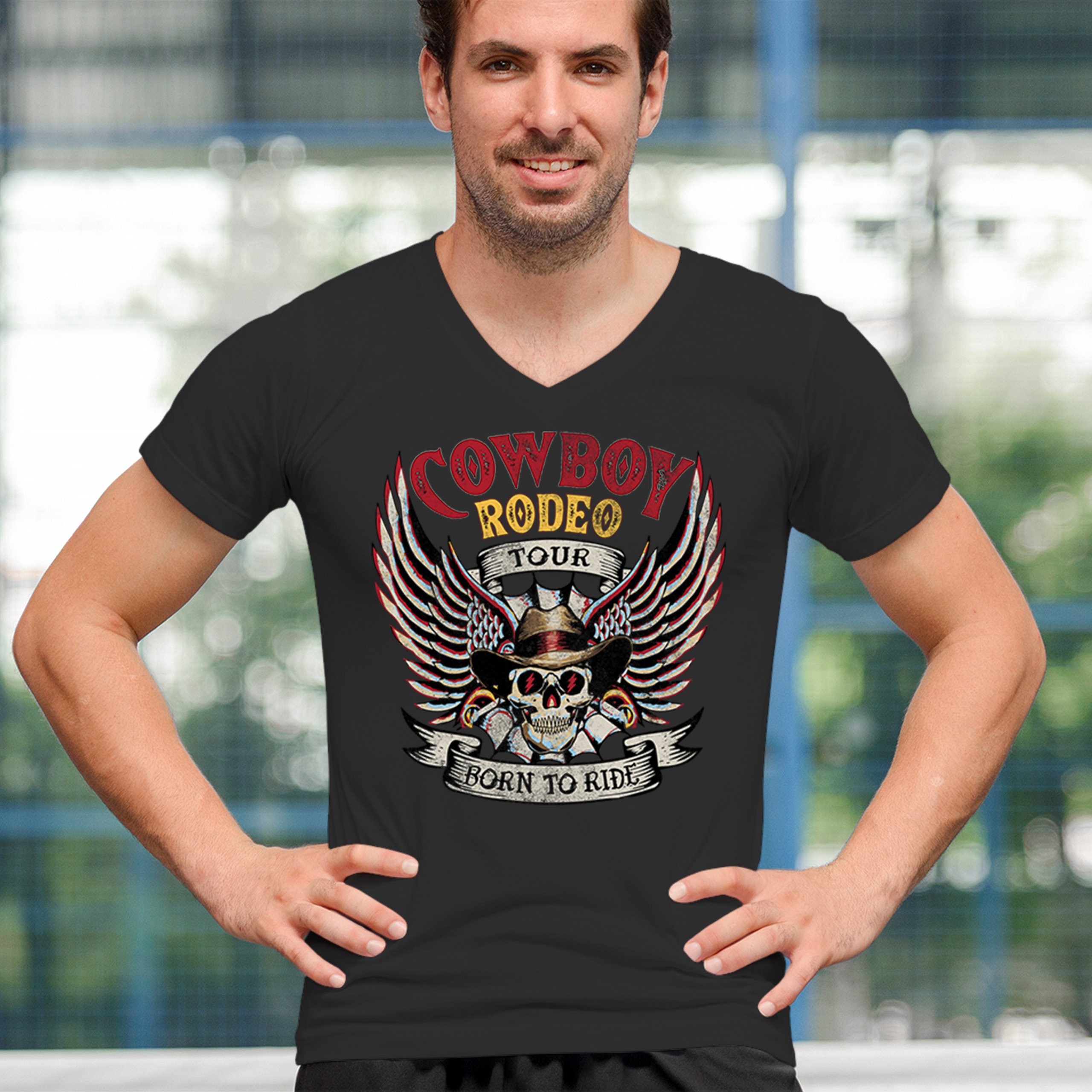 ALTRA T shirt Cowboy Rodeo Tour uomo scollo a V nata per cavalcare biker teschio vita di campagna