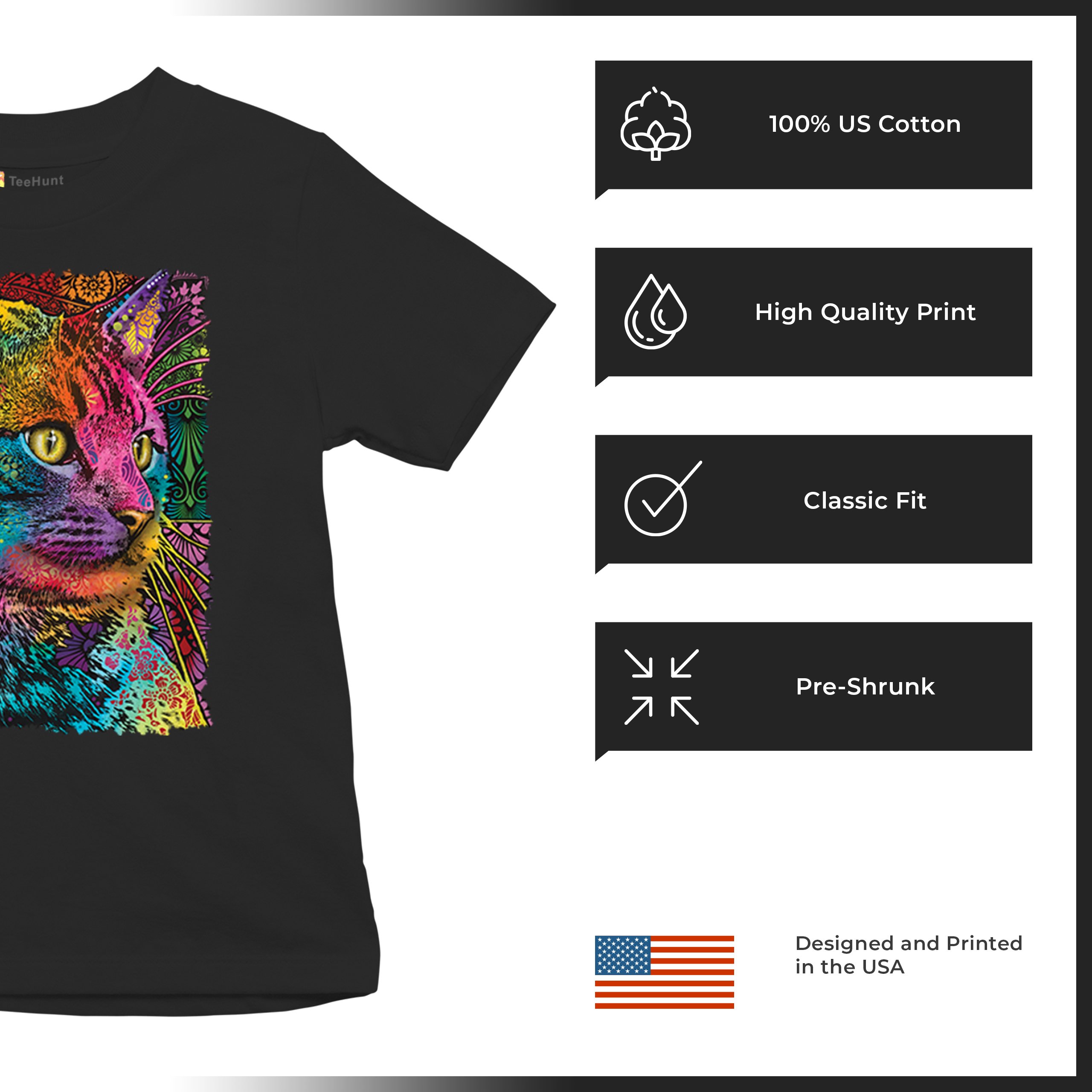 Lovable Cat Youth T-shirt Dean Russo Colorful Felis Catus Pattern Art Kids - Picture 7 of 50