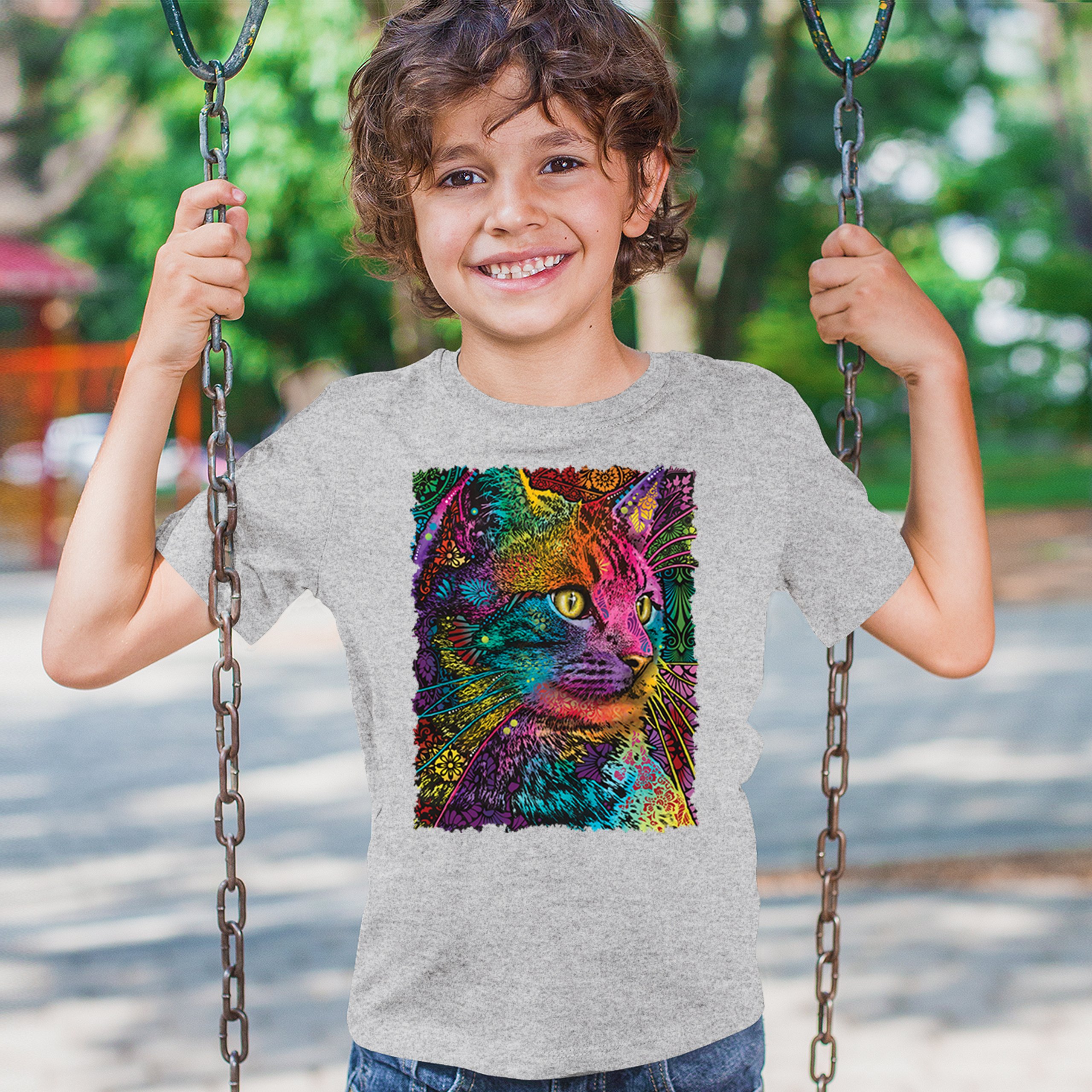 Lovable Cat Youth T-shirt Dean Russo Colorful Felis Catus Pattern Art Kids - Picture 12 of 50