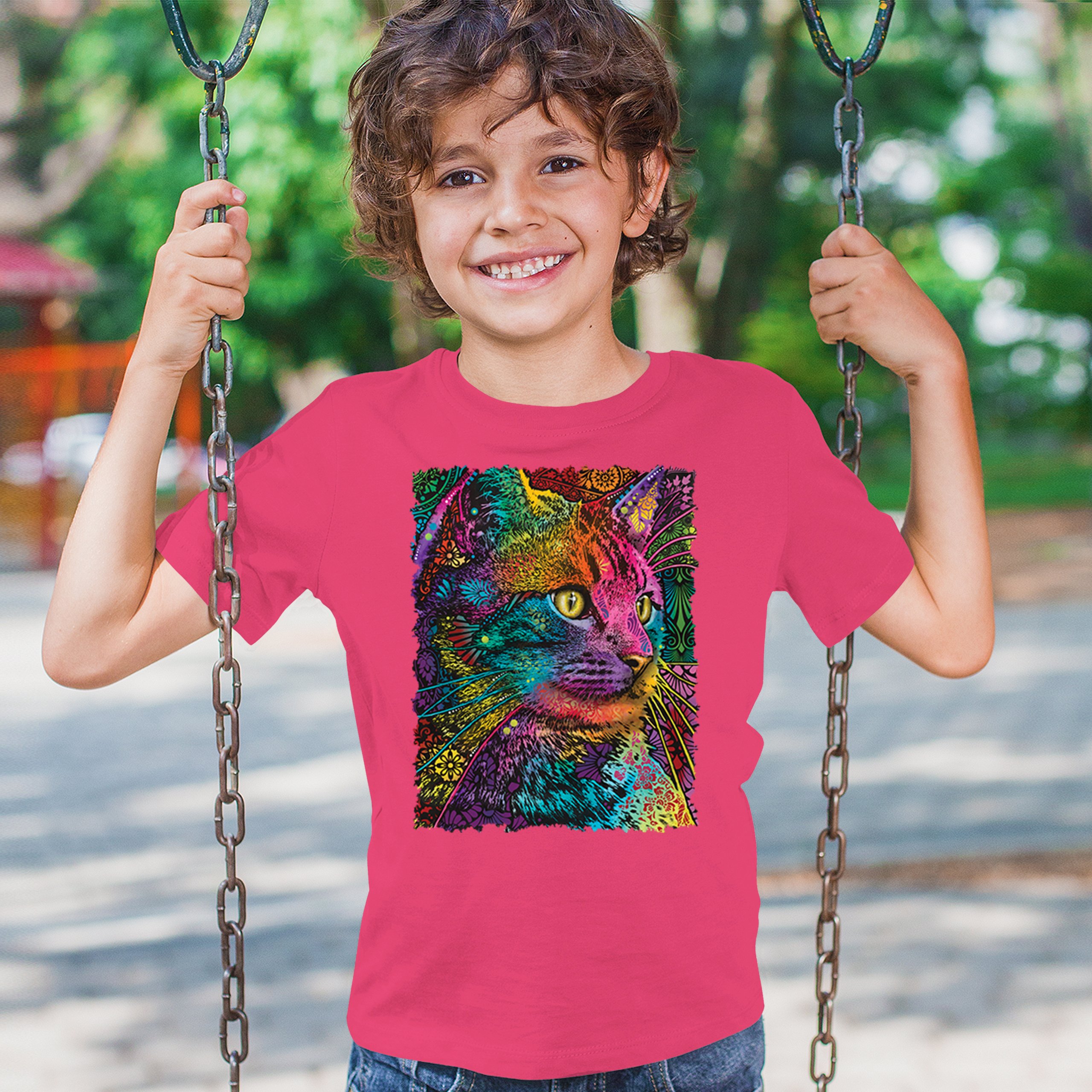 Lovable Cat Youth T-shirt Dean Russo Colorful Felis Catus Pattern Art Kids - Picture 47 of 50