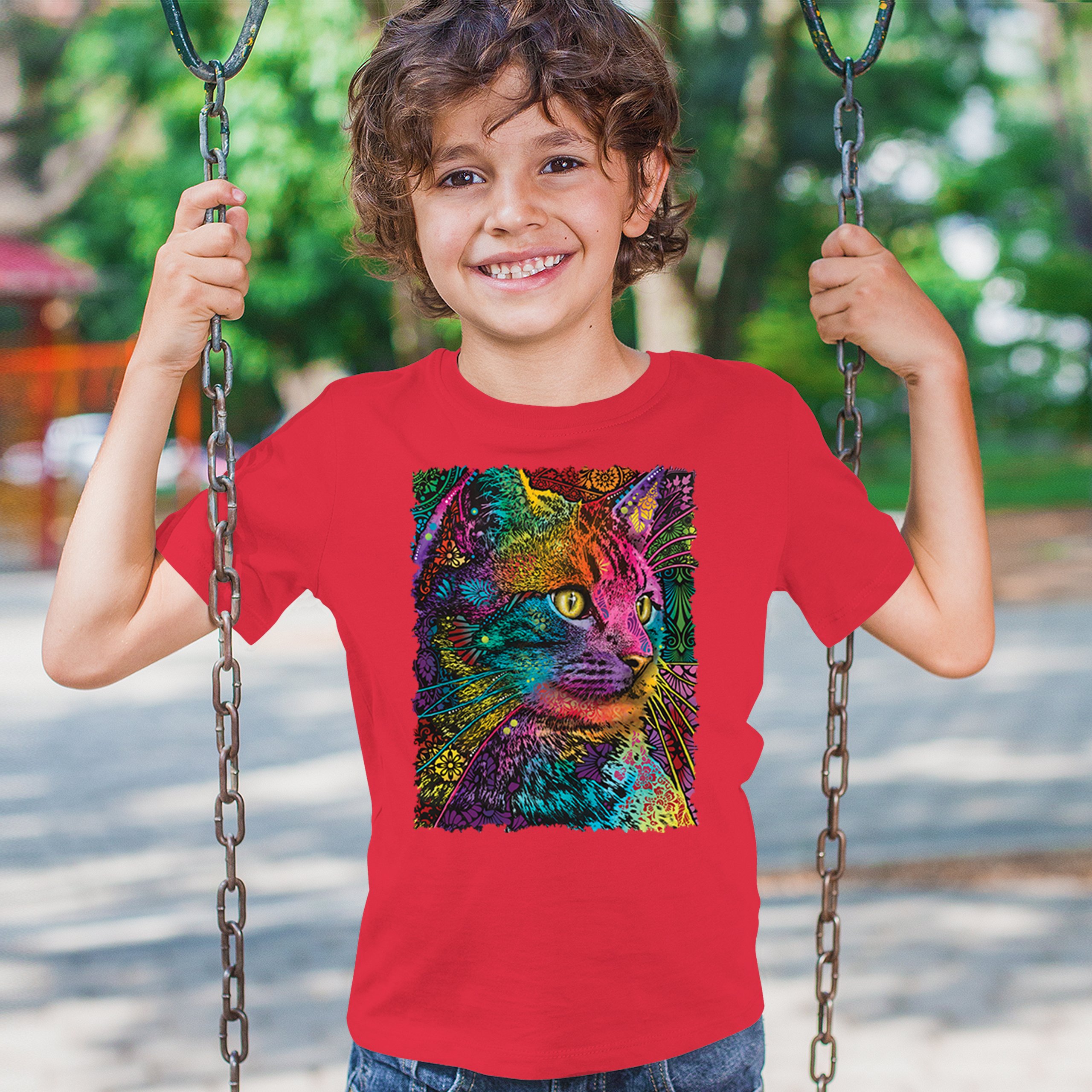 Lovable Cat Youth T-shirt Dean Russo Colorful Felis Catus Pattern Art Kids - Picture 19 of 50