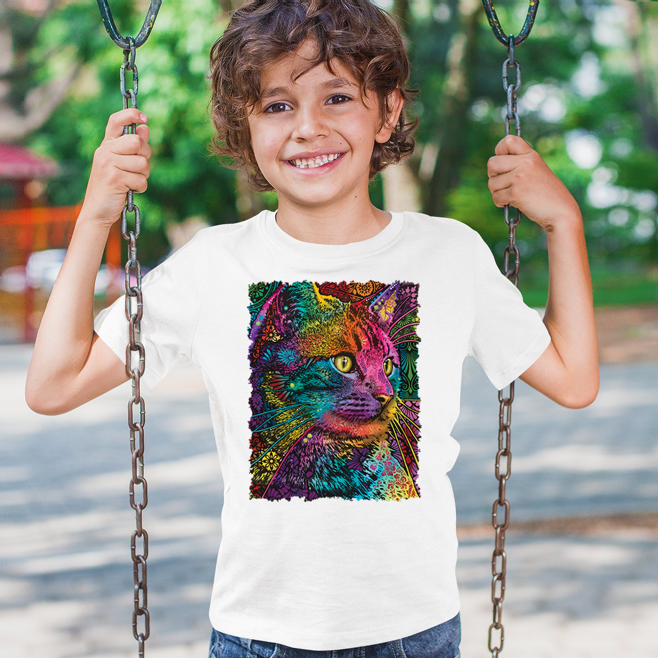 Lovable Cat Youth T-shirt Dean Russo Colorful Felis Catus Pattern Art Kids - Picture 26 of 50