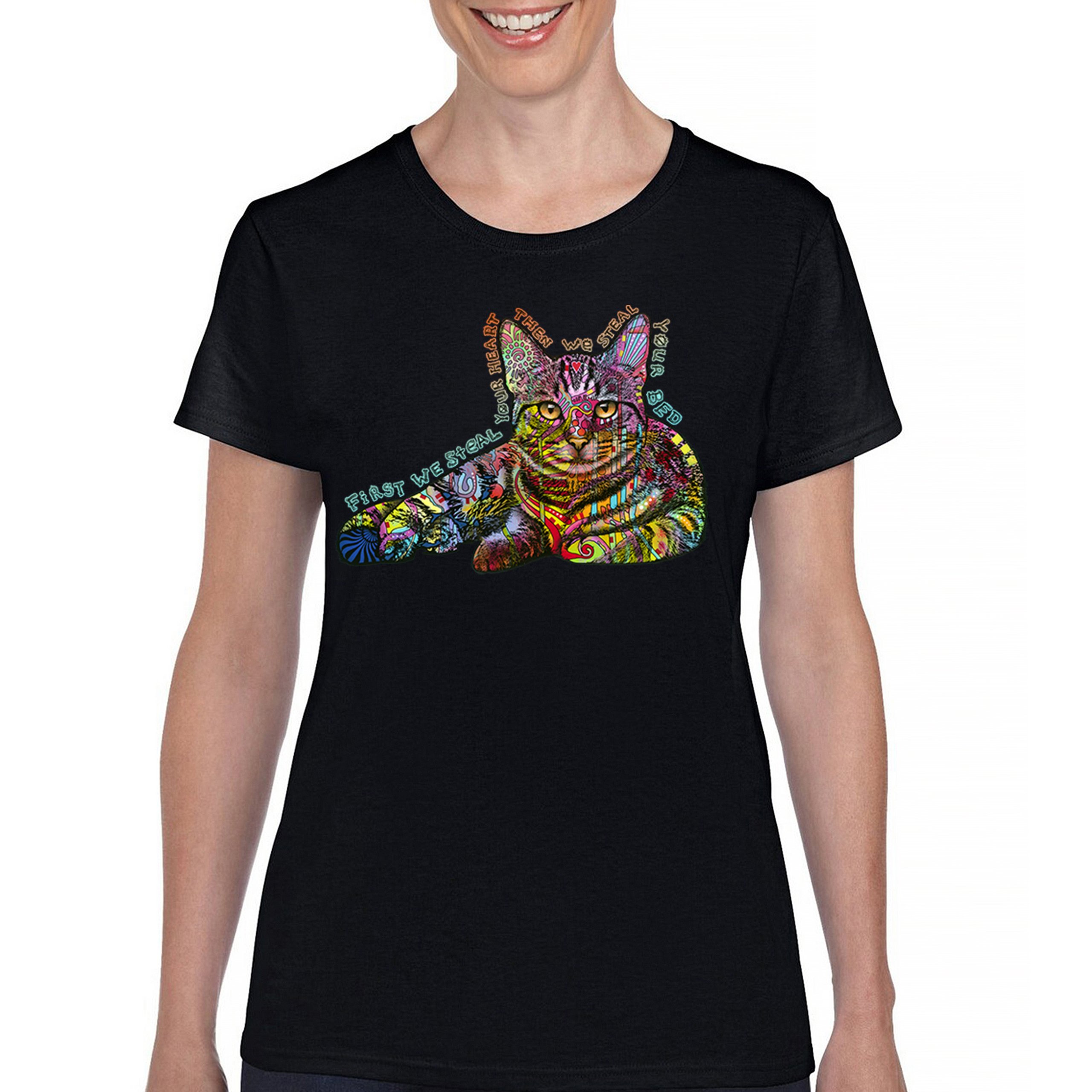 Dean Russo Cute Neon Cat T-Shirt First We Steal Your Heart Kitten Women's Tee