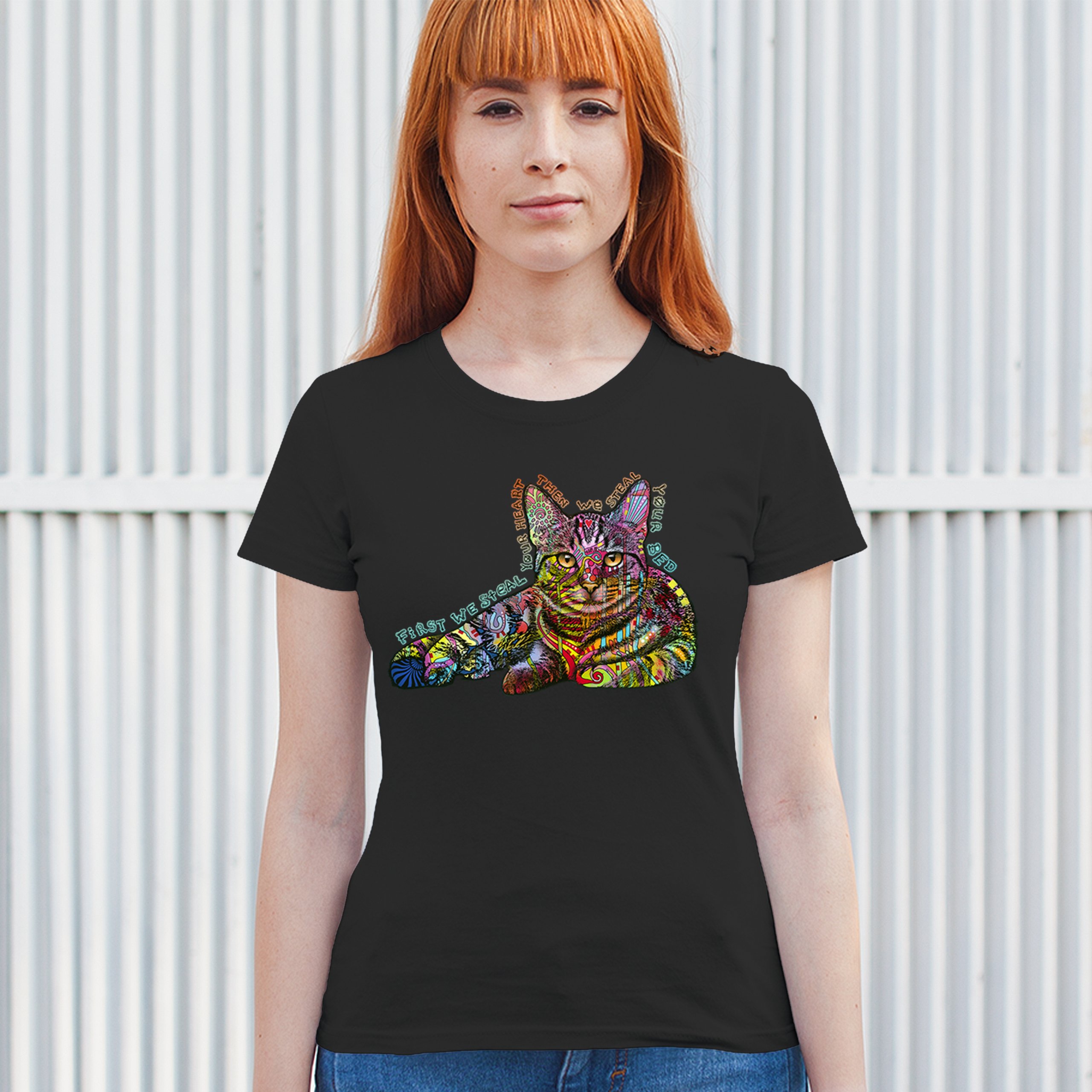 Dean Russo Cute Neon Cat T-Shirt First We Steal Your Heart Kitten Women's Tee