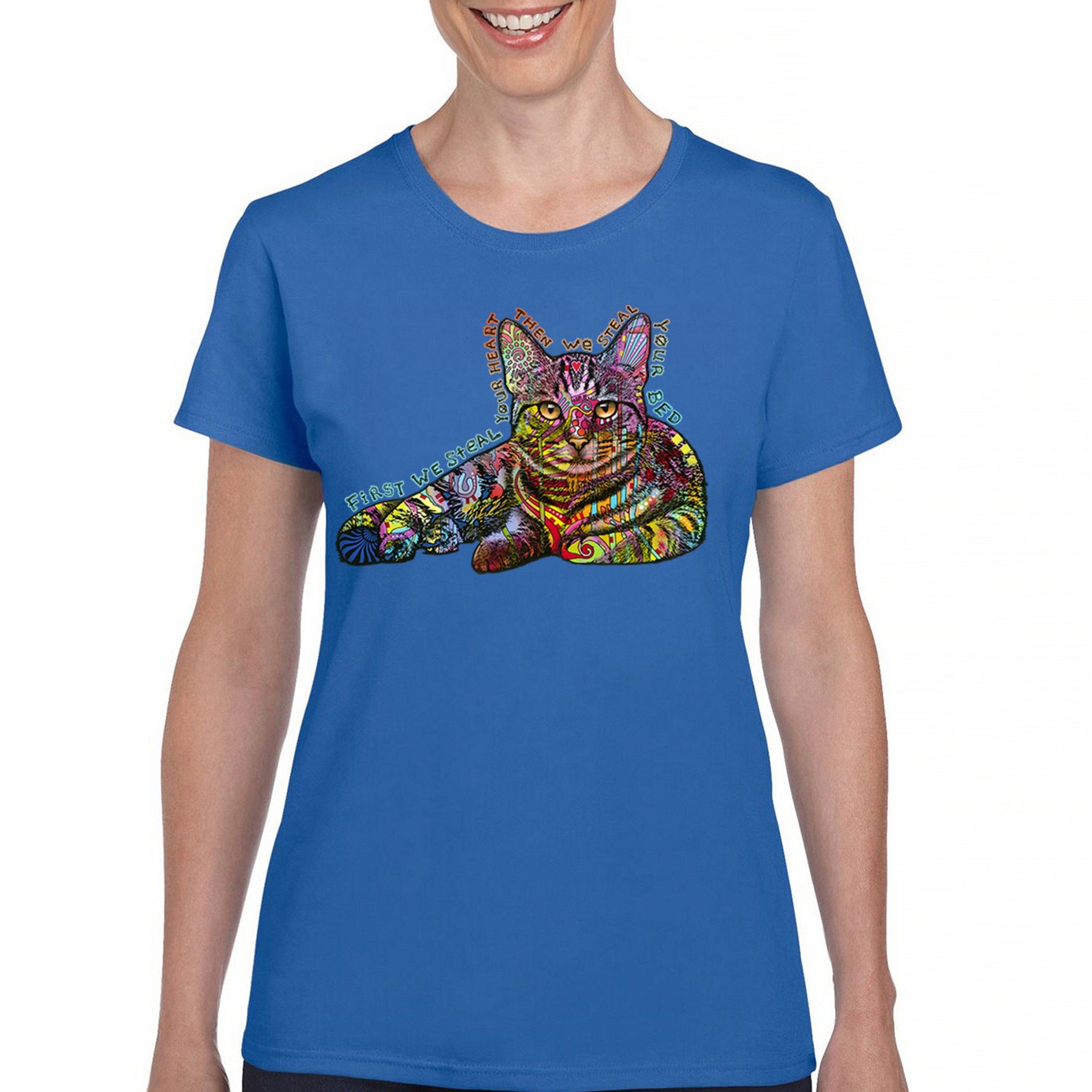 Dean Russo Cute Neon Cat T-Shirt First We Steal Your Heart Kitten Women's Tee