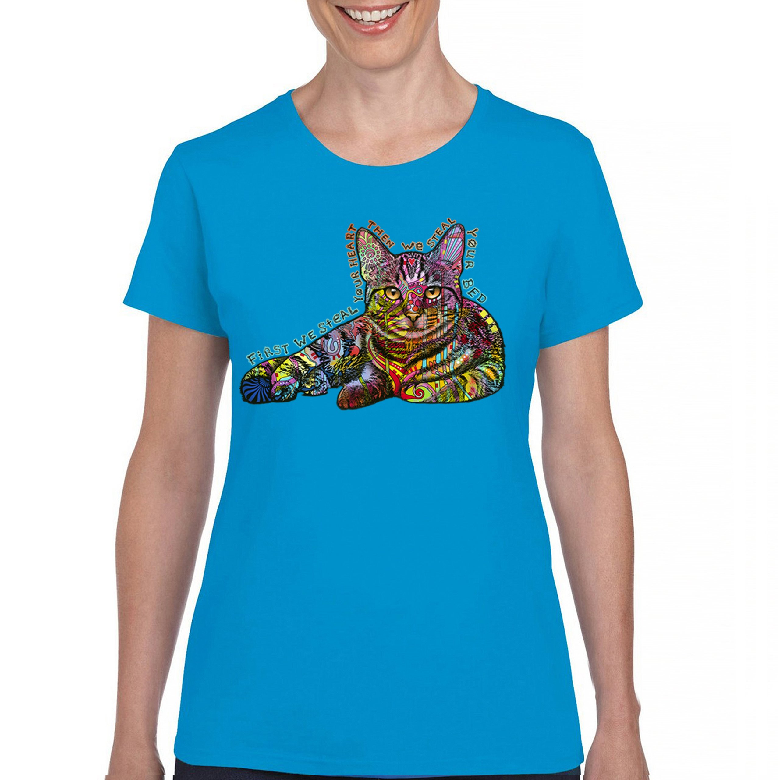 Dean Russo Cute Neon Cat T-Shirt First We Steal Your Heart Kitten Women's Tee