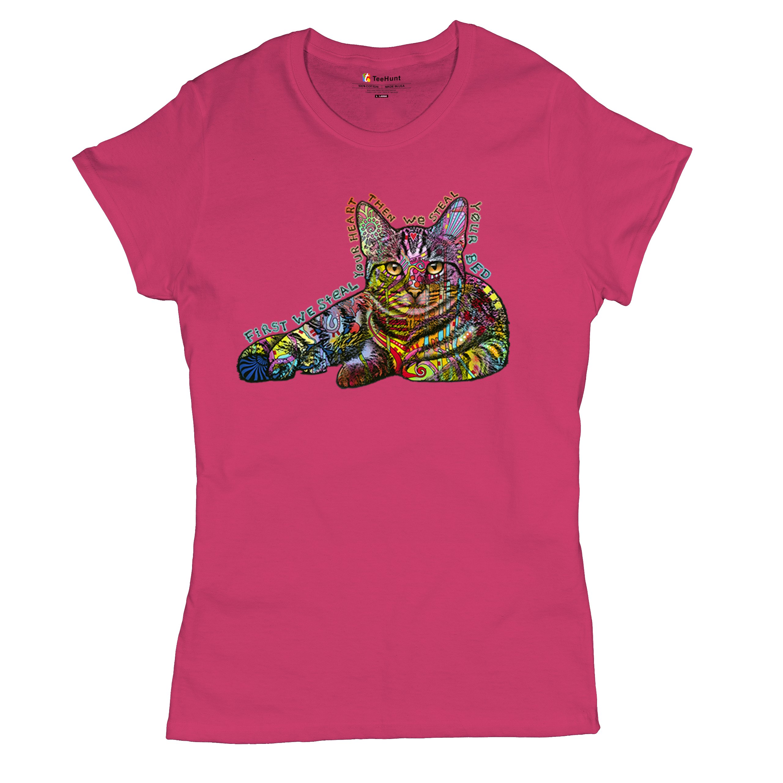 Dean Russo Cute Neon Cat T-Shirt First We Steal Your Heart Kitten Women's Tee