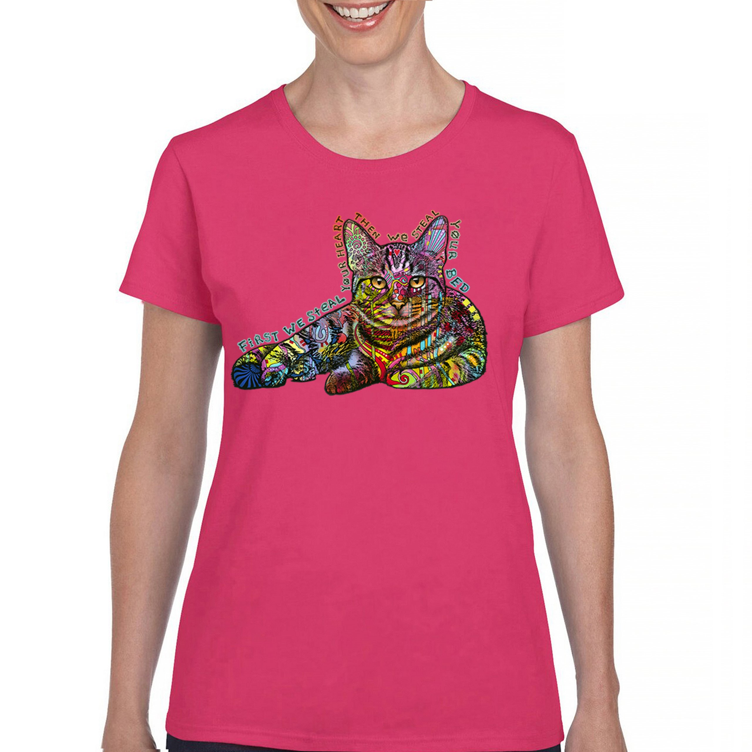 Dean Russo Cute Neon Cat T-Shirt First We Steal Your Heart Kitten Women's Tee