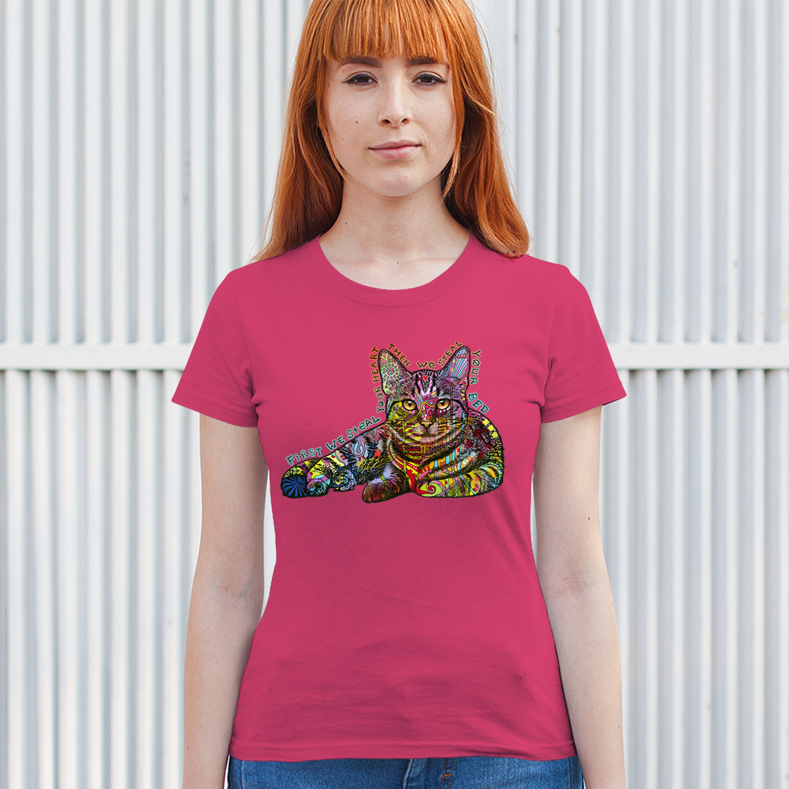 Dean Russo Cute Neon Cat T-Shirt First We Steal Your Heart Kitten Women's Tee