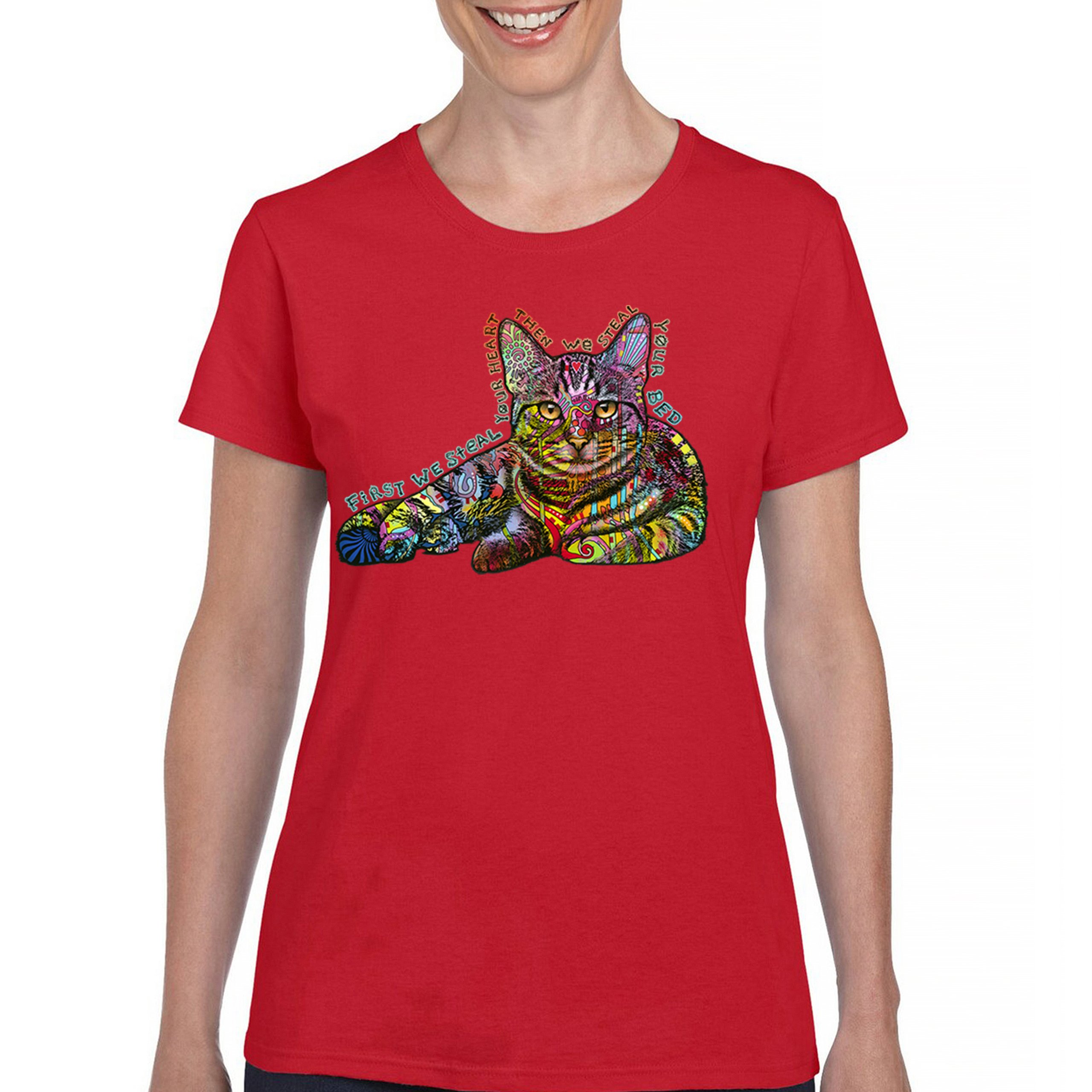 Dean Russo Cute Neon Cat T-Shirt First We Steal Your Heart Kitten Women's Tee