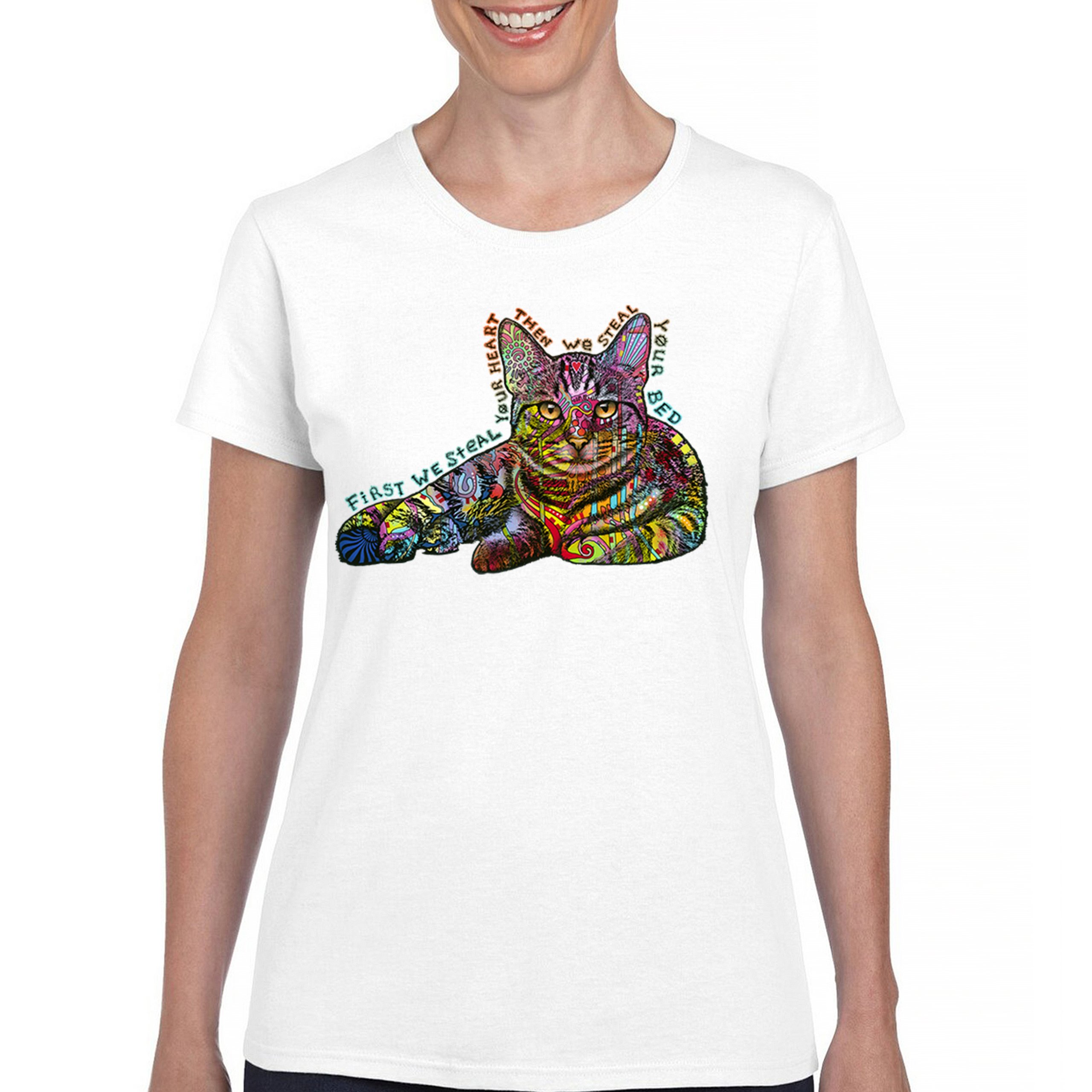 Dean Russo Cute Neon Cat T-Shirt First We Steal Your Heart Kitten Women's Tee