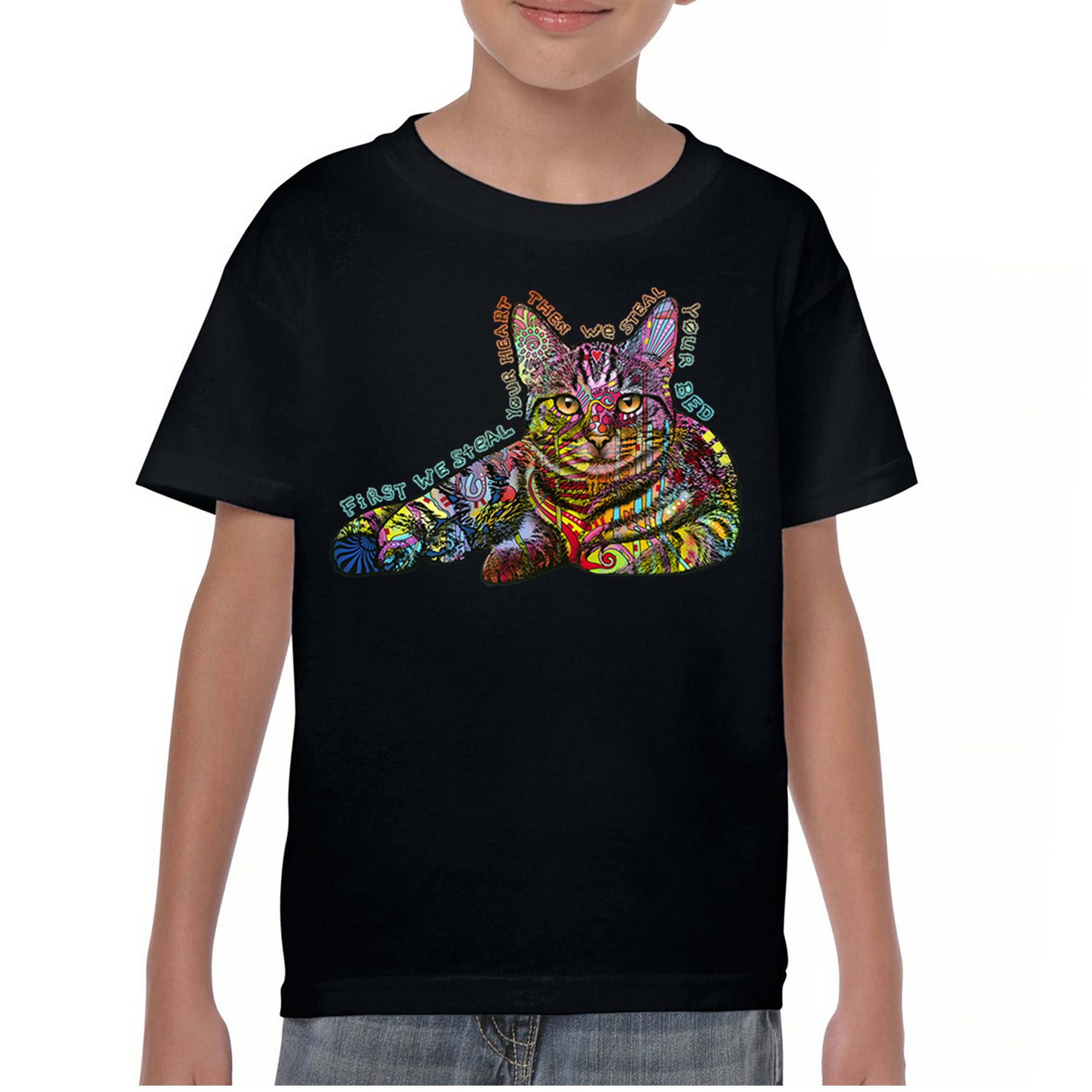 Dean Russo Cute Neon Cat Youth T-shirt First We Steal Your Heart Kitten Kids - Picture 2 of 50