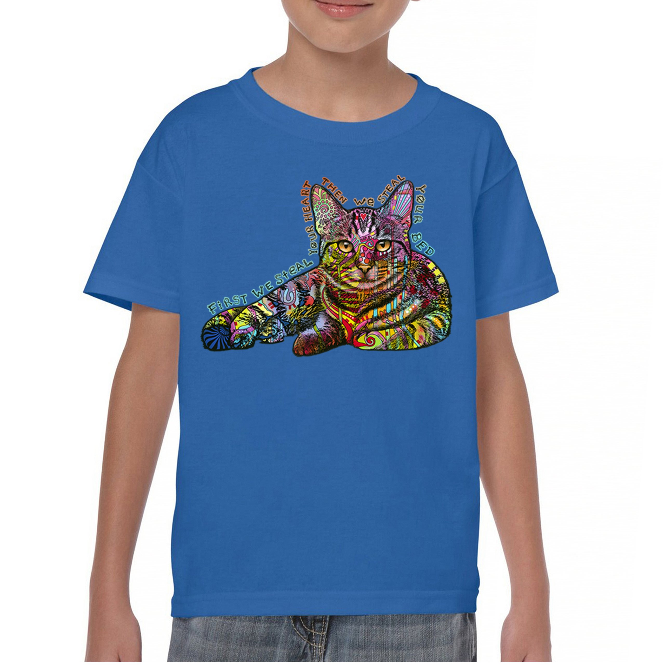 Dean Russo Cute Neon Cat Youth T-shirt First We Steal Your Heart Kitten Kids - Picture 37 of 50