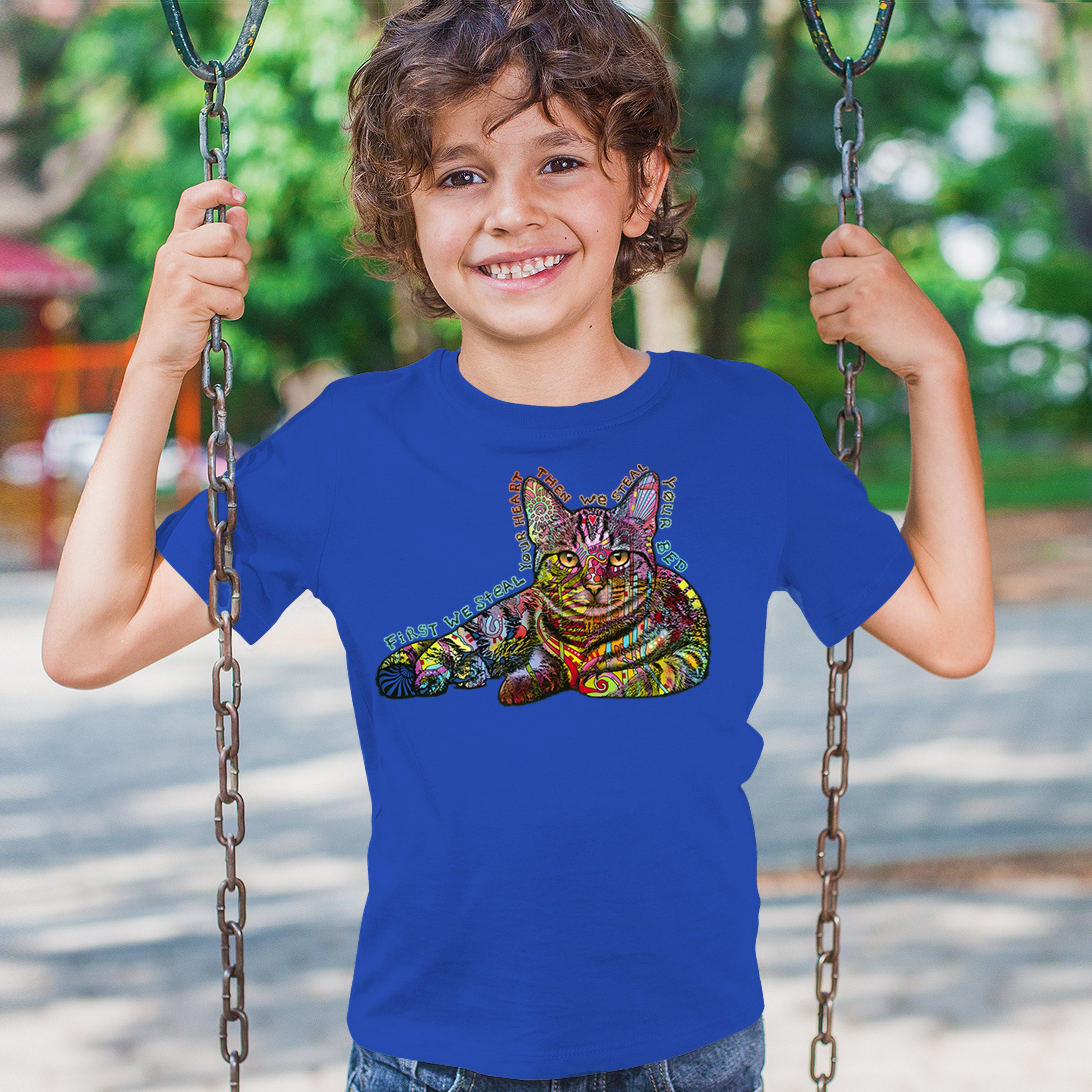 Dean Russo Cute Neon Cat Youth T-shirt First We Steal Your Heart Kitten Kids - Picture 40 of 50