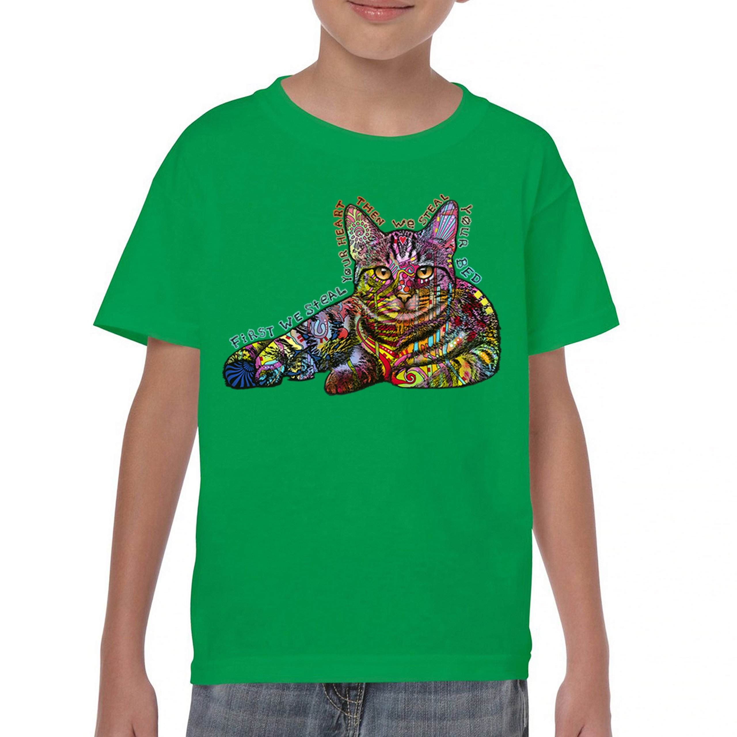 Dean Russo Cute Neon Cat Youth T-shirt First We Steal Your Heart Kitten Kids - Picture 30 of 50