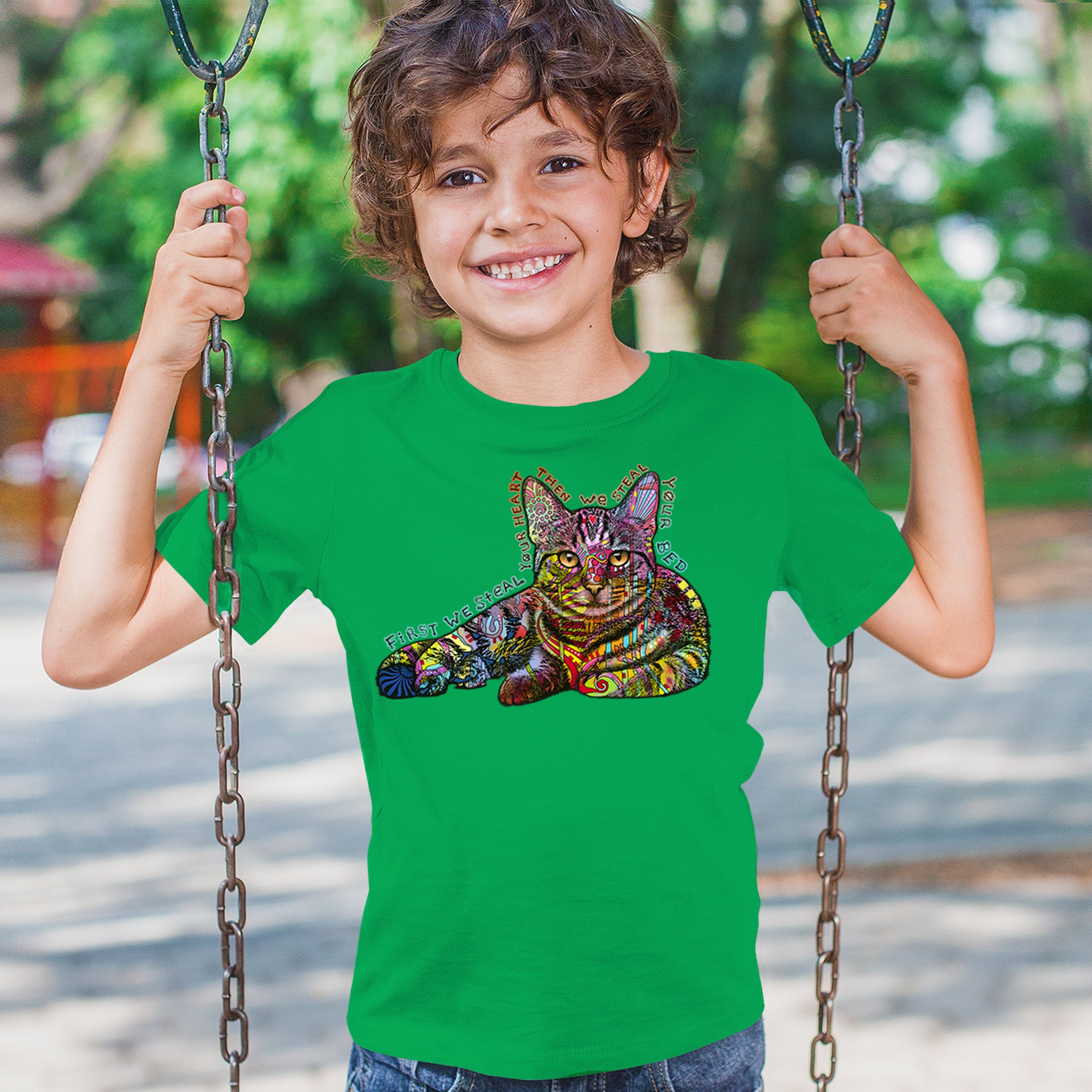 Dean Russo Cute Neon Cat Youth T-shirt First We Steal Your Heart Kitten Kids - Picture 33 of 50