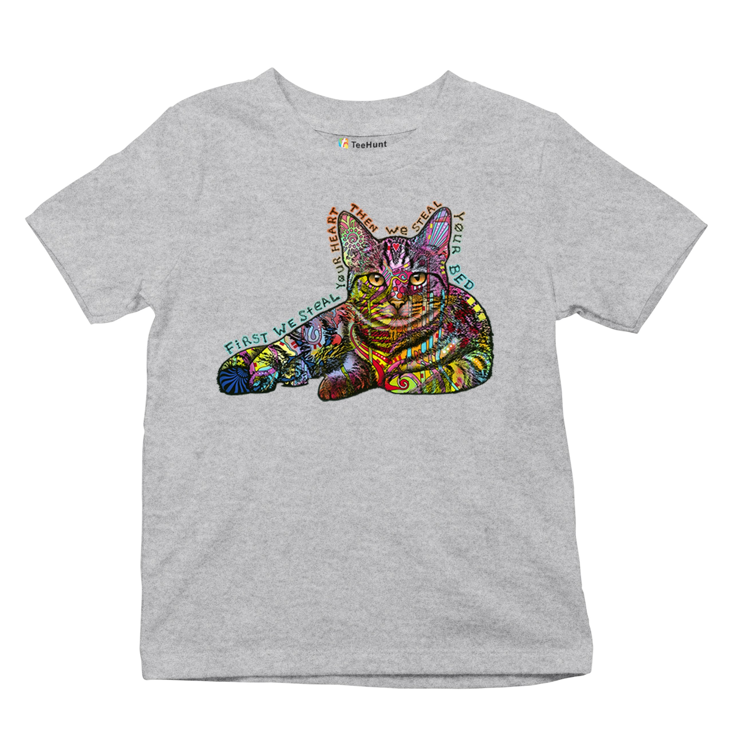 Dean Russo Cute Neon Cat Youth T-shirt First We Steal Your Heart Kitten Kids - Picture 13 of 50