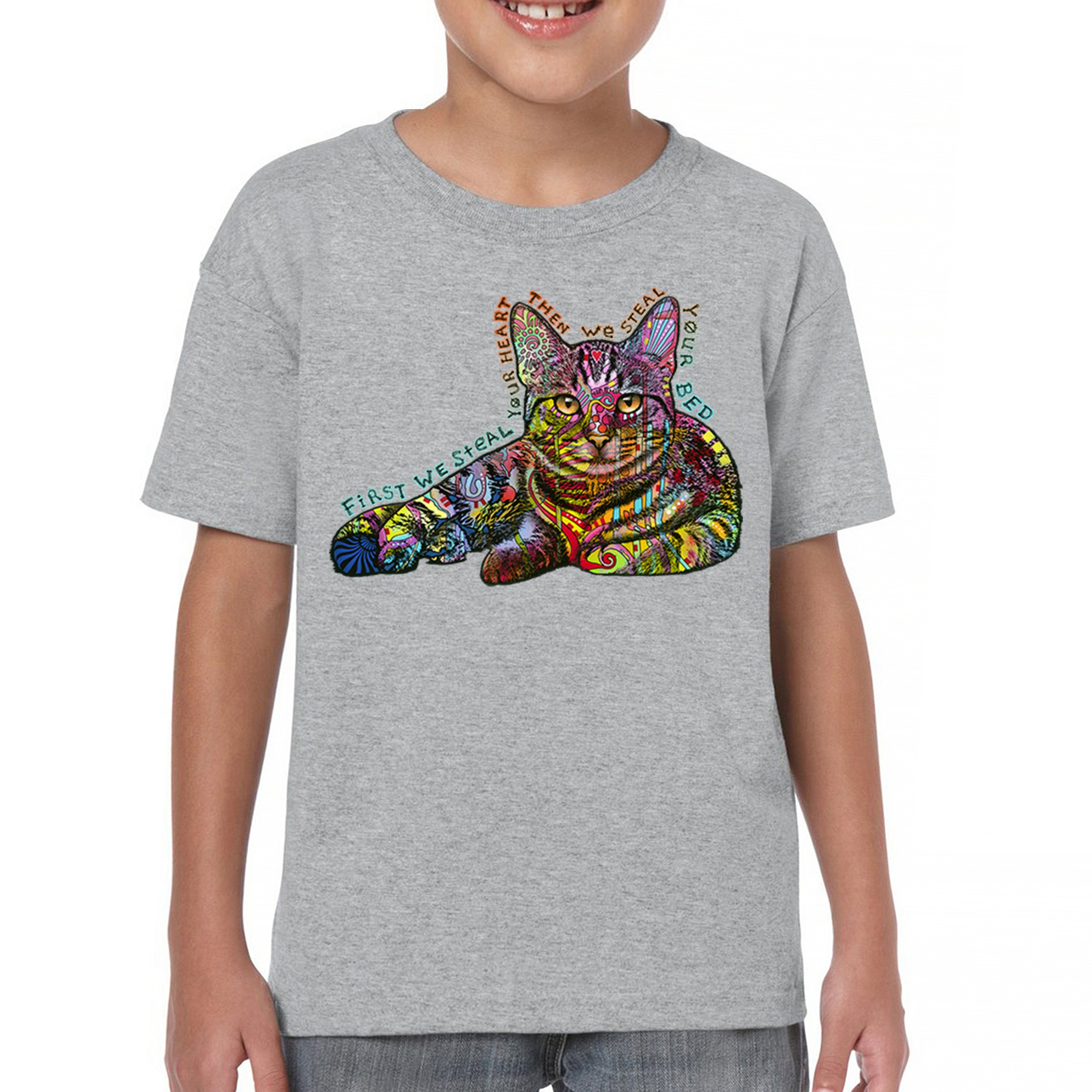 Dean Russo Cute Neon Cat Youth T-shirt First We Steal Your Heart Kitten Kids - Picture 9 of 50